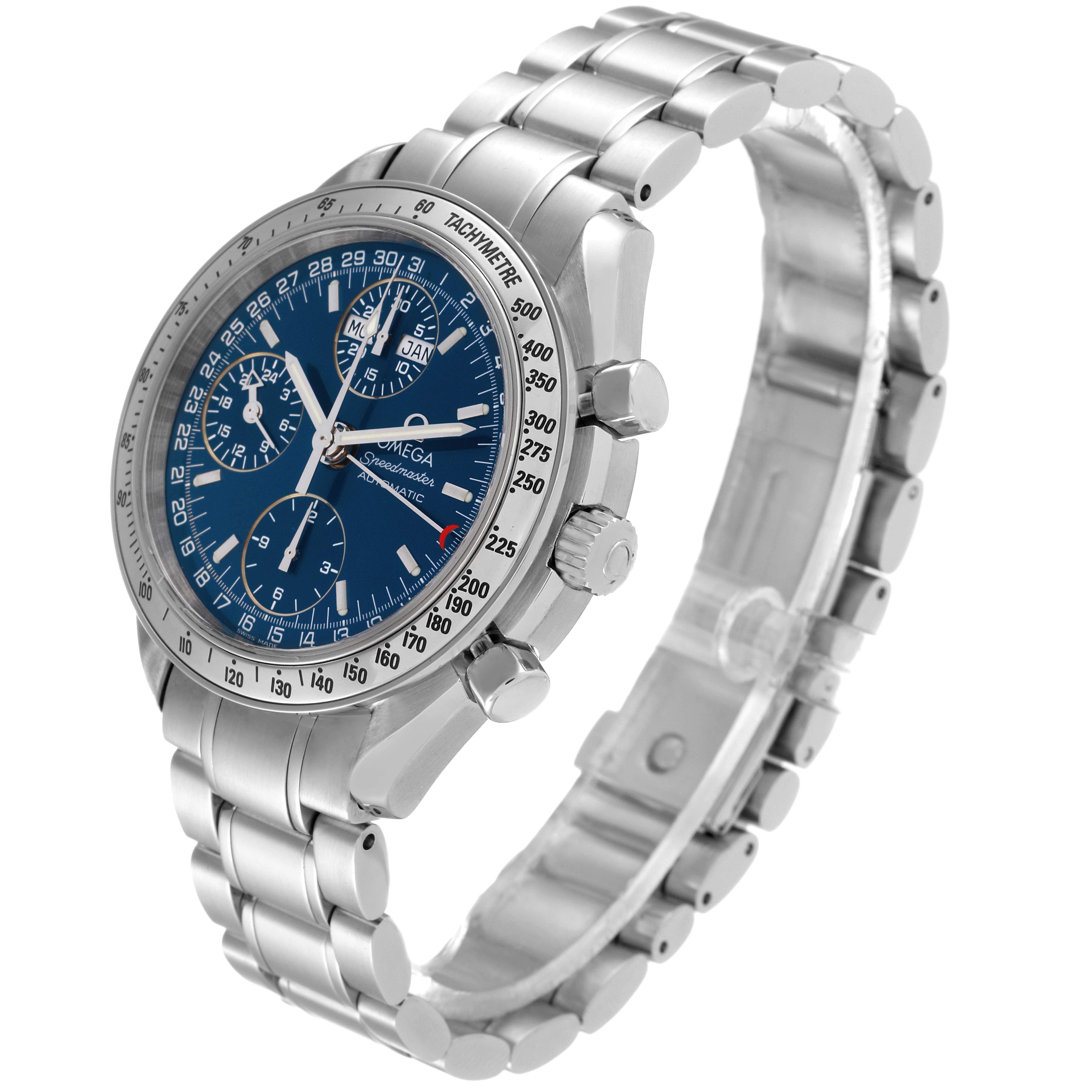 The Omega Speedmaster 3523.80.00 Men
s Stainless Steel Blue Dial 3523.80.00 Men
s Stainless Steel Blue Dial watch is shown at an angled side view, highlighting its face, bezel, and bracelet.