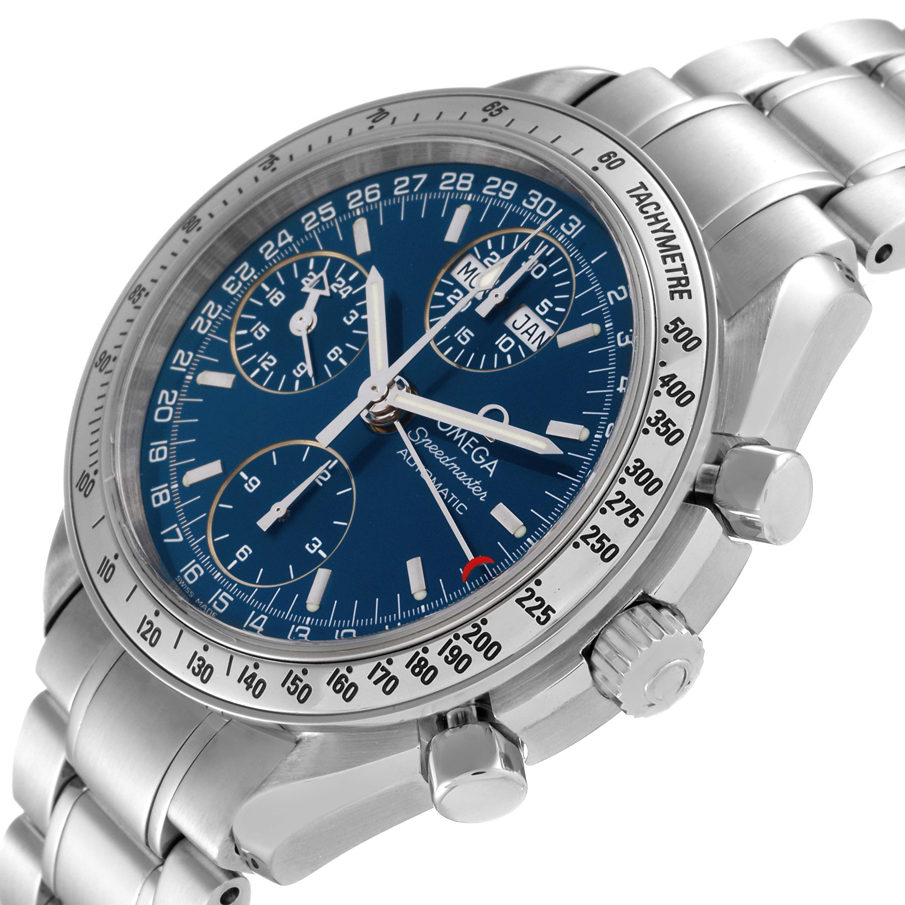 An Omega Speedmaster 3523.80.00 Men
s Stainless Steel Blue Dial 3523.80.00 Men
s Stainless Steel Blue Dial watch is shown at an angle highlighting the blue dial, chronographs, and metal bracelet.