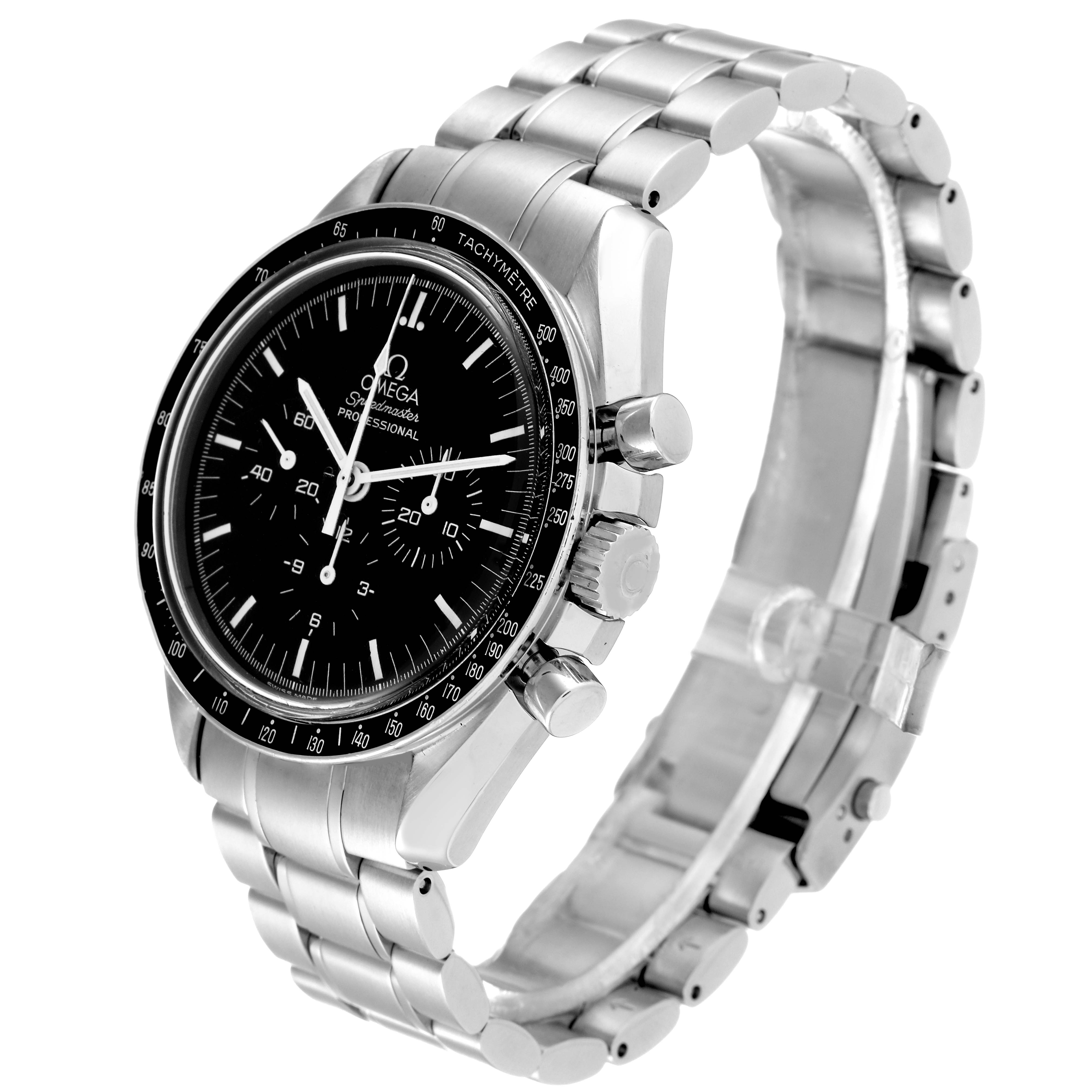 The Speedmaster Omega watch is shown at a three-quarter angle, highlighting the face, bezel, bracelet, and pushers.