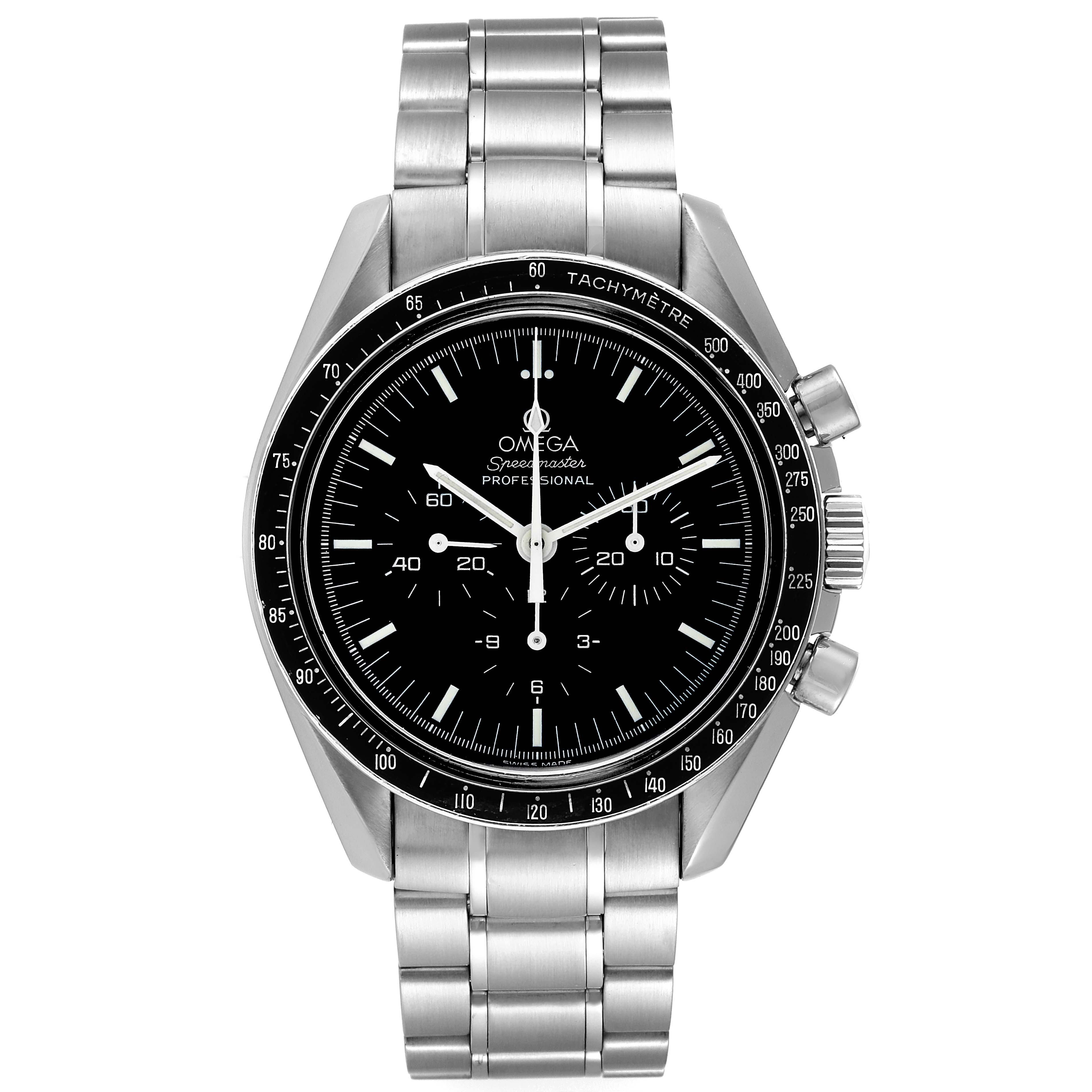 The image shows a front view of an Omega Speedmaster 3572.50.00 Men
s Stainless Steel Black Dial 3572.50.00 Men
s Stainless Steel Black Dial watch, highlighting its face, bezel, crown, and stainless steel bracelet.