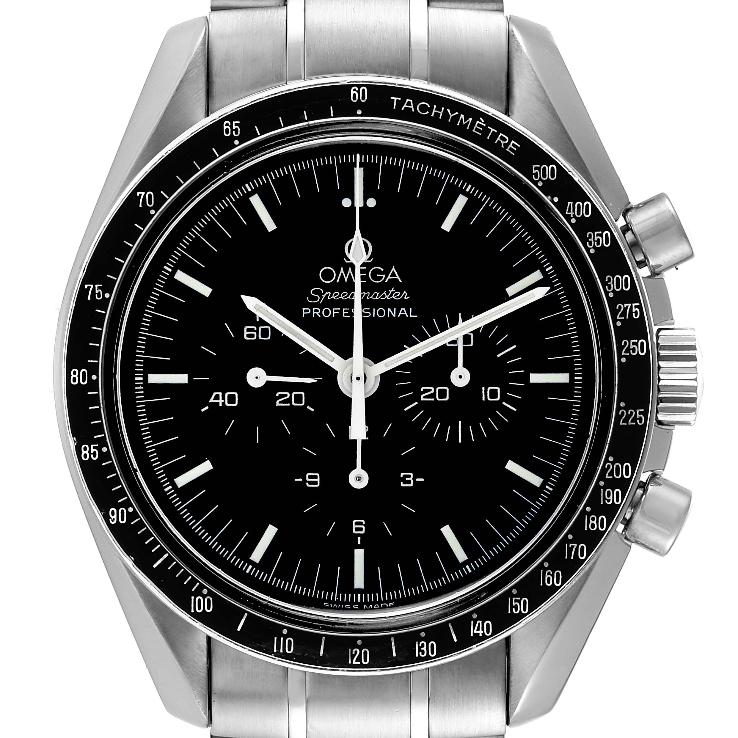 This is a front view of an Omega Speedmaster 3572.50.00 Men
s Stainless Steel Black Dial 3572.50.00 Men
s Stainless Steel Black Dial watch, showing the dial, chronograph subdials, bezel, and part of the bracelet.