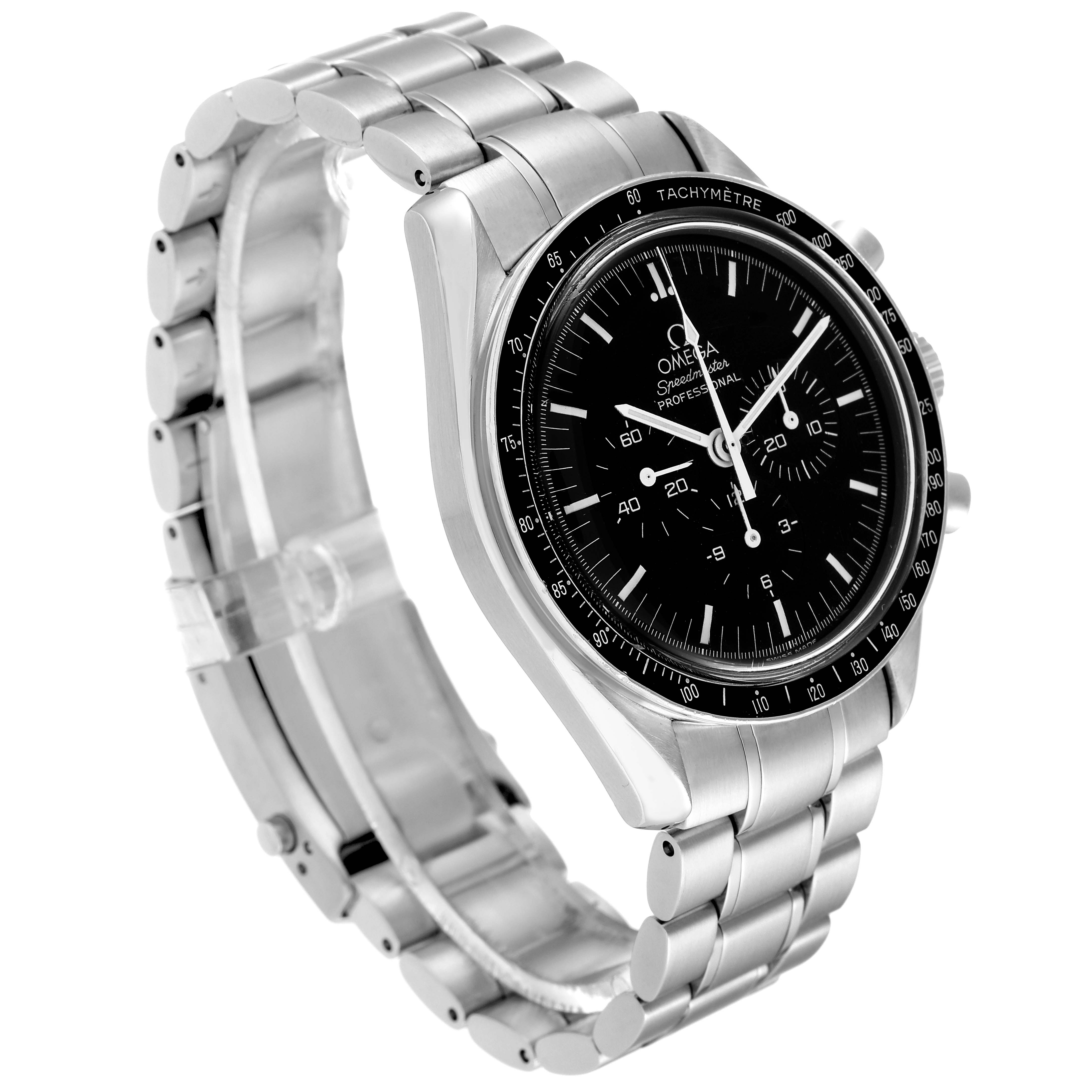 The Omega Speedmaster 3572.50.00 Men
s Stainless Steel Black Dial 3572.50.00 Men
s Stainless Steel Black Dial watch is shown at a three-quarter angle, highlighting the dial, bracelet, and clasp.