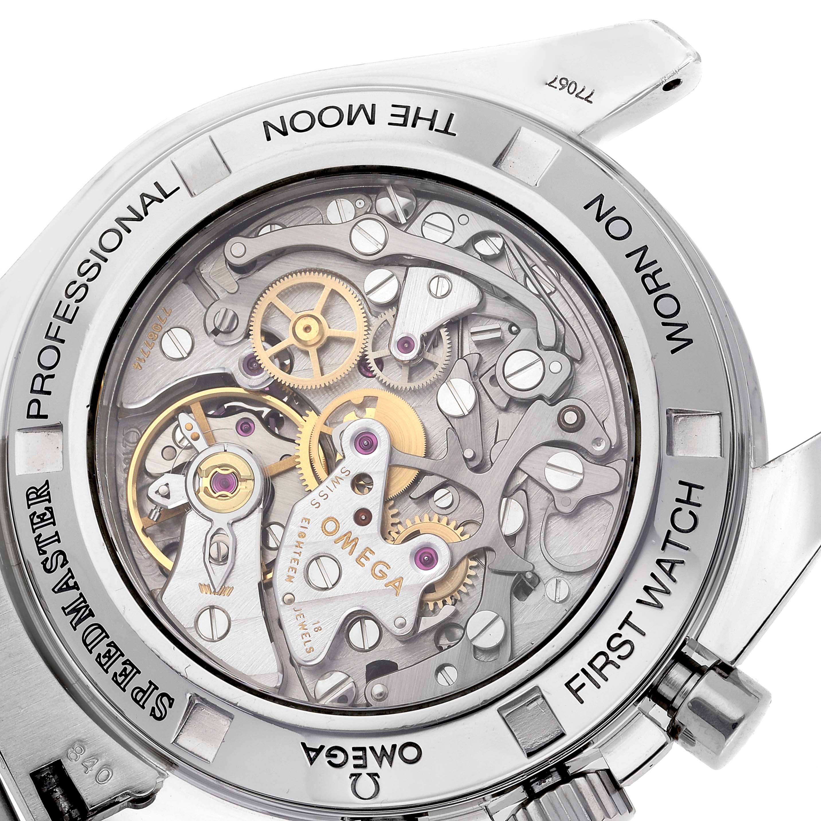 This is an image of the case back of an Omega Speedmaster 3572.50.00 Men
s Stainless Steel Black Dial 3572.50.00 Men
s Stainless Steel Black Dial watch, revealing its intricate mechanical movement.