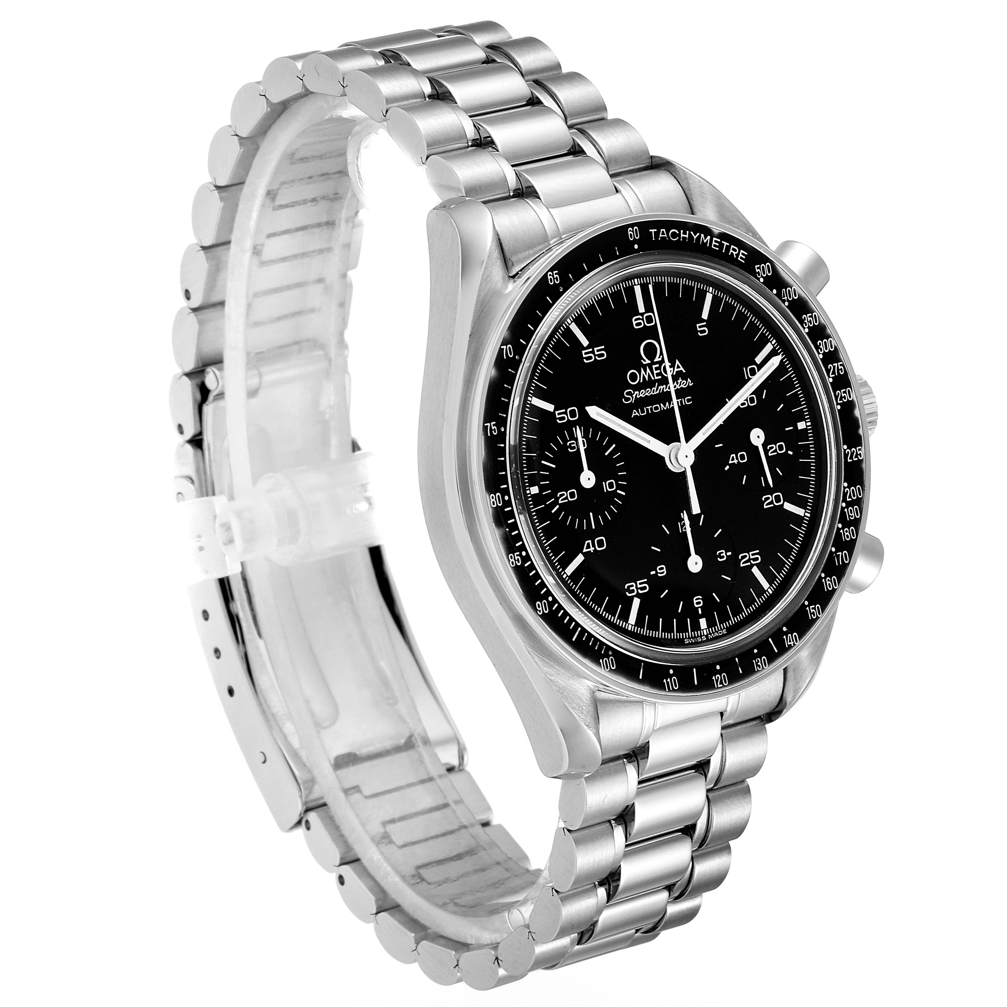The Omega Speedmaster 3510.50.00 Men's Stainless Steel Black Dial 3510.50.00 Men's Stainless Steel Black Dial watch is shown at an angled front view, displaying its dial, bezel, and metal bracelet.