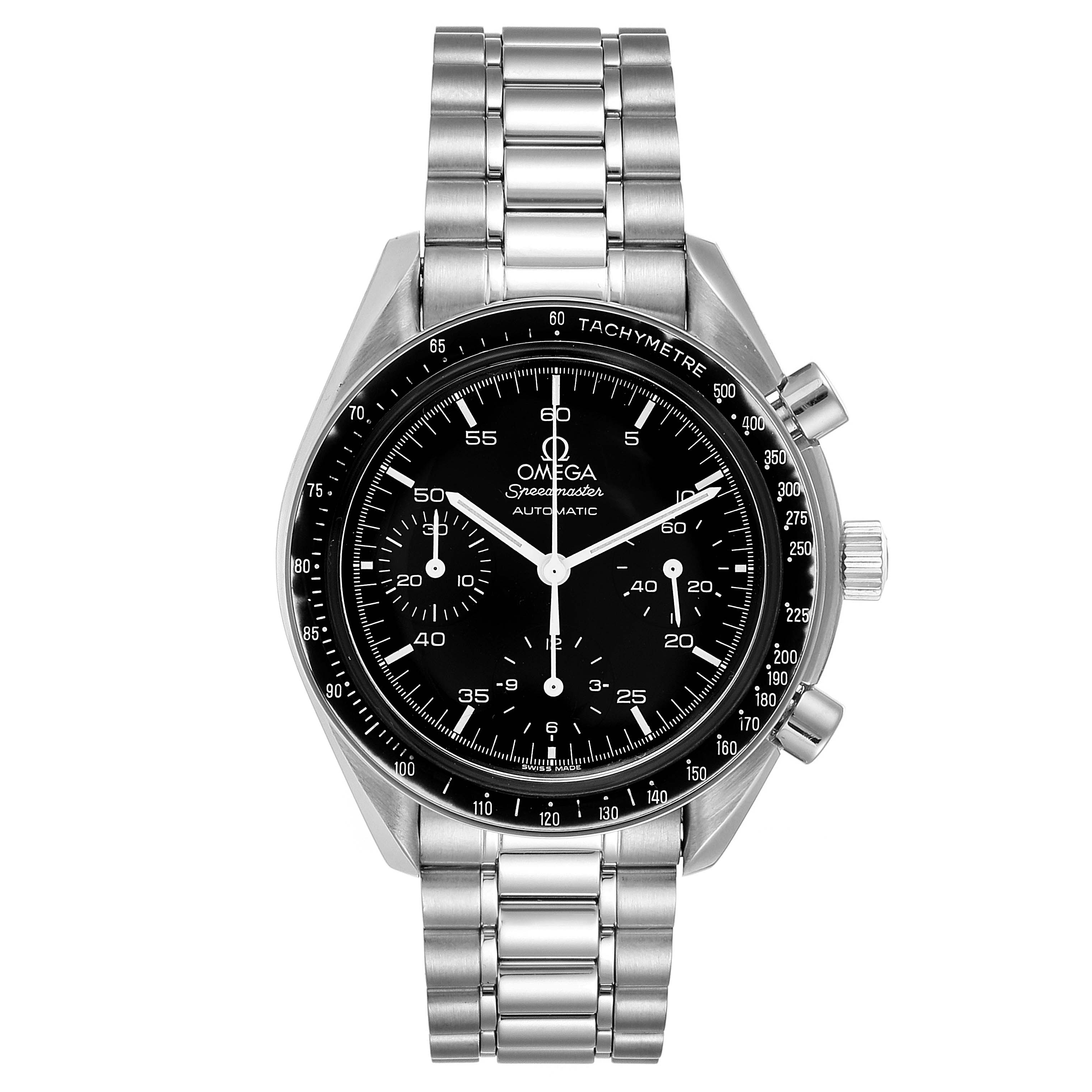 The image shows a front view of an Omega Speedmaster 3510.50.00 Men's Stainless Steel Black Dial 3510.50.00 Men's Stainless Steel Black Dial model watch, highlighting the dial, bracelet, and chronograph pushers.
