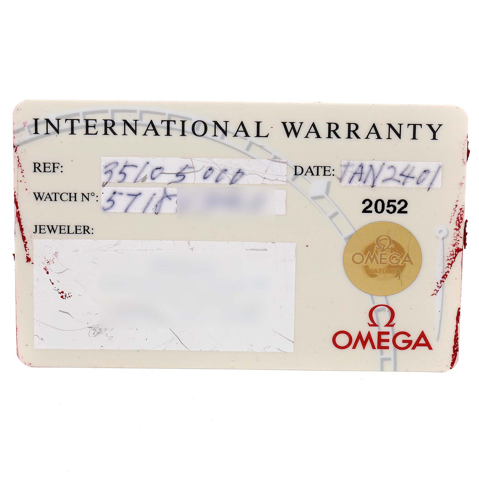 This is an Omega Speedmaster 3510.50.00 Men's Stainless Steel Black Dial 3510.50.00 Men's Stainless Steel Black Dial international warranty card displaying the reference number, watch number, jeweler, and date.