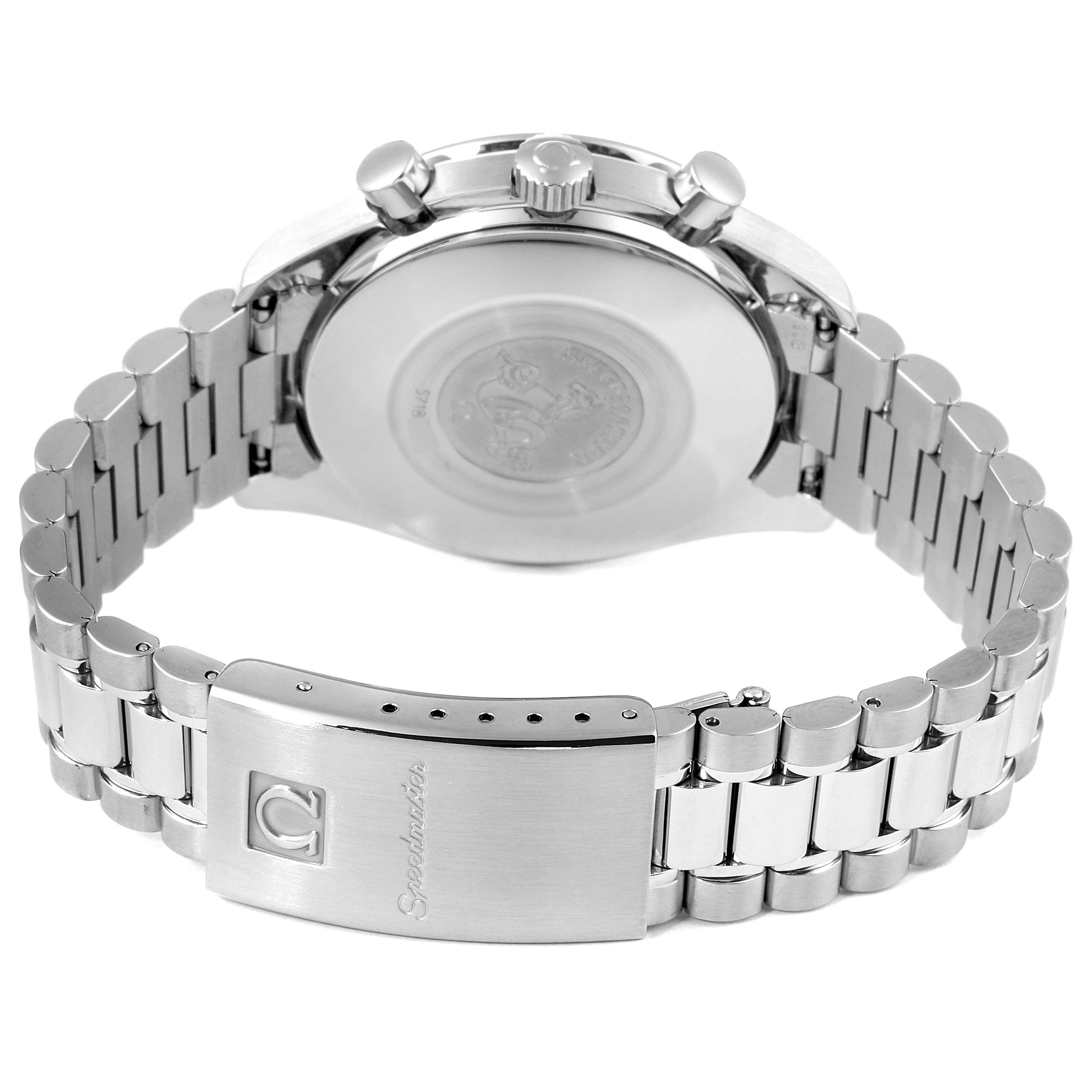 The image shows the back view of an Omega Speedmaster 3510.50.00 Men's Stainless Steel Black Dial 3510.50.00 Men's Stainless Steel Black Dial watch, highlighting the clasp, bracelet, and case back.