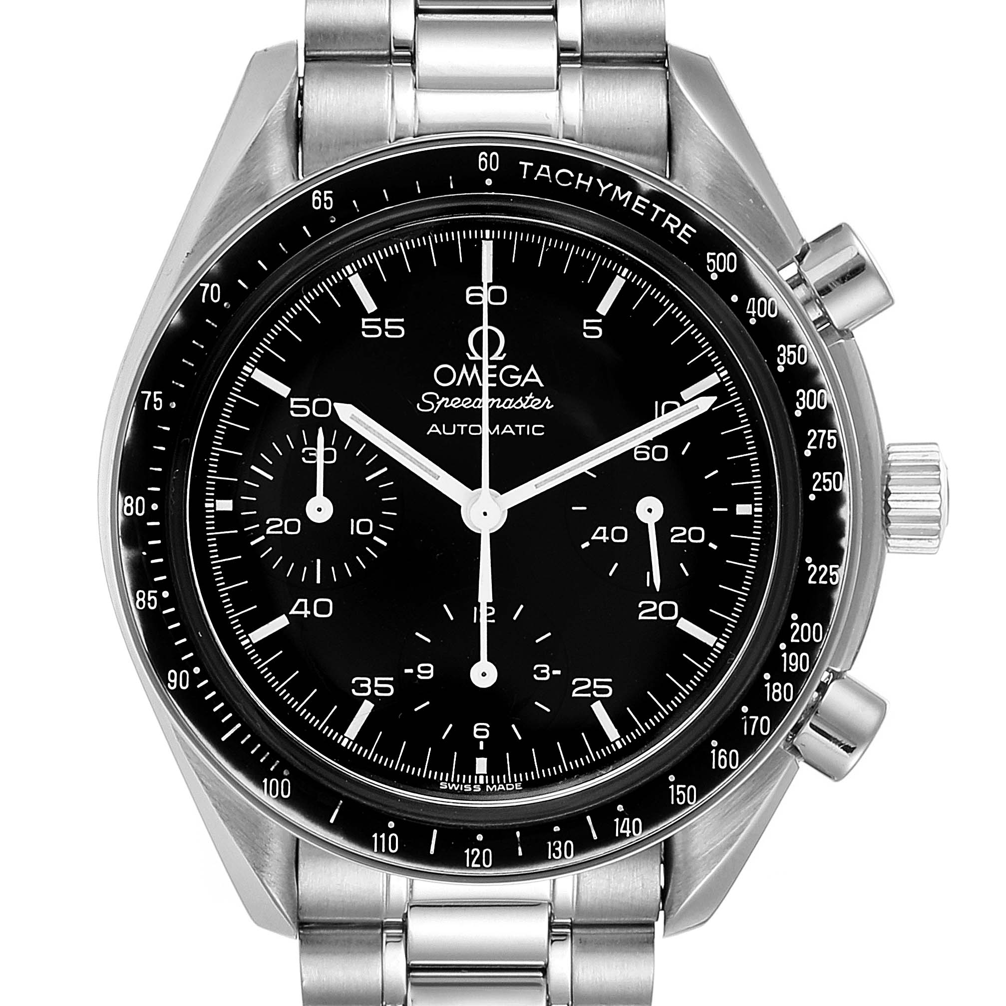 This image shows a front view of an Omega Speedmaster 3510.50.00 Men's Stainless Steel Black Dial 3510.50.00 Men's Stainless Steel Black Dial watch, highlighting its bezel, dial, subdials, and bracelet.