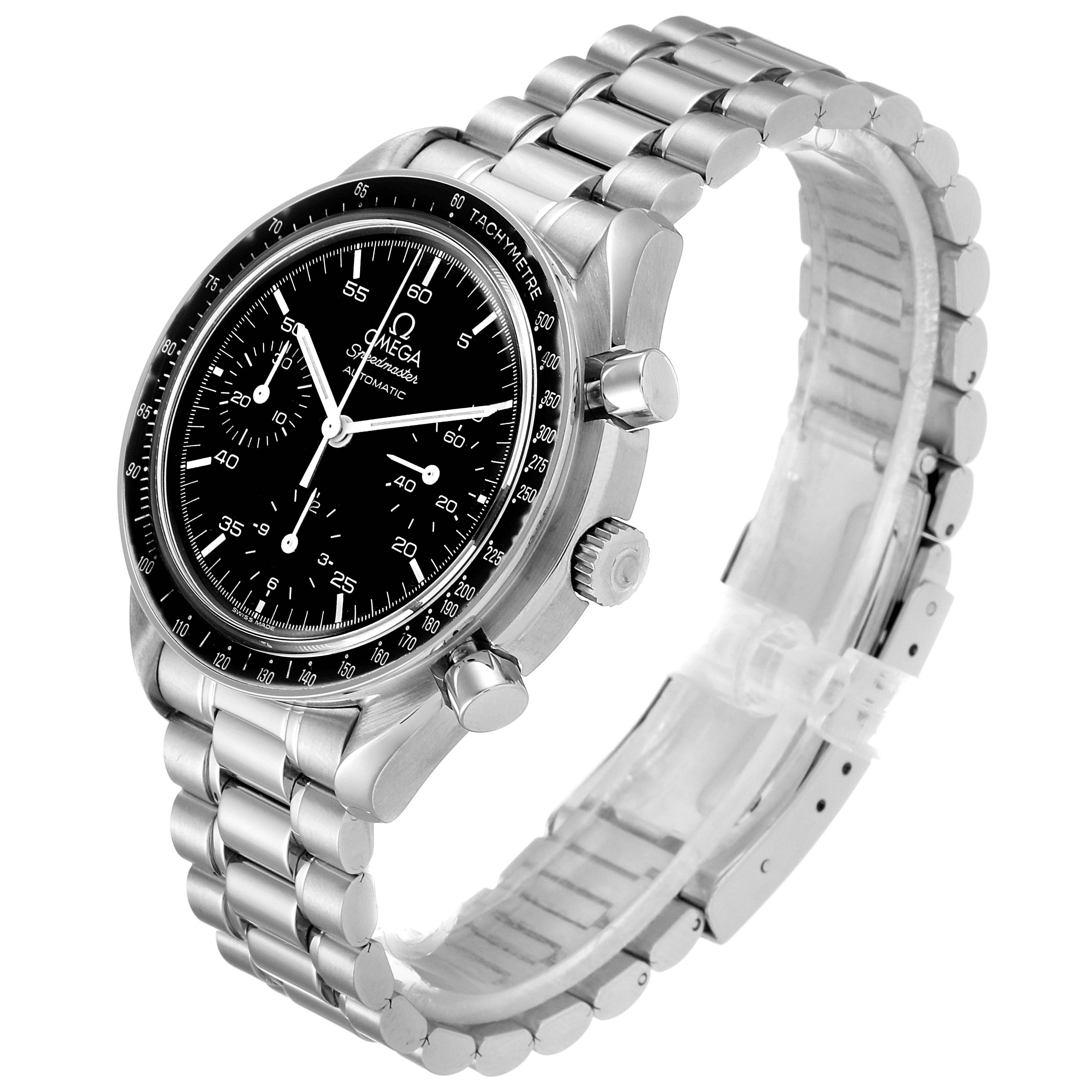 The image shows an Omega Speedmaster 3510.50.00 Men's Stainless Steel Black Dial 3510.50.00 Men's Stainless Steel Black Dial watch at a slight angle, highlighting the face, bezel, pushers, crown, and bracelet.