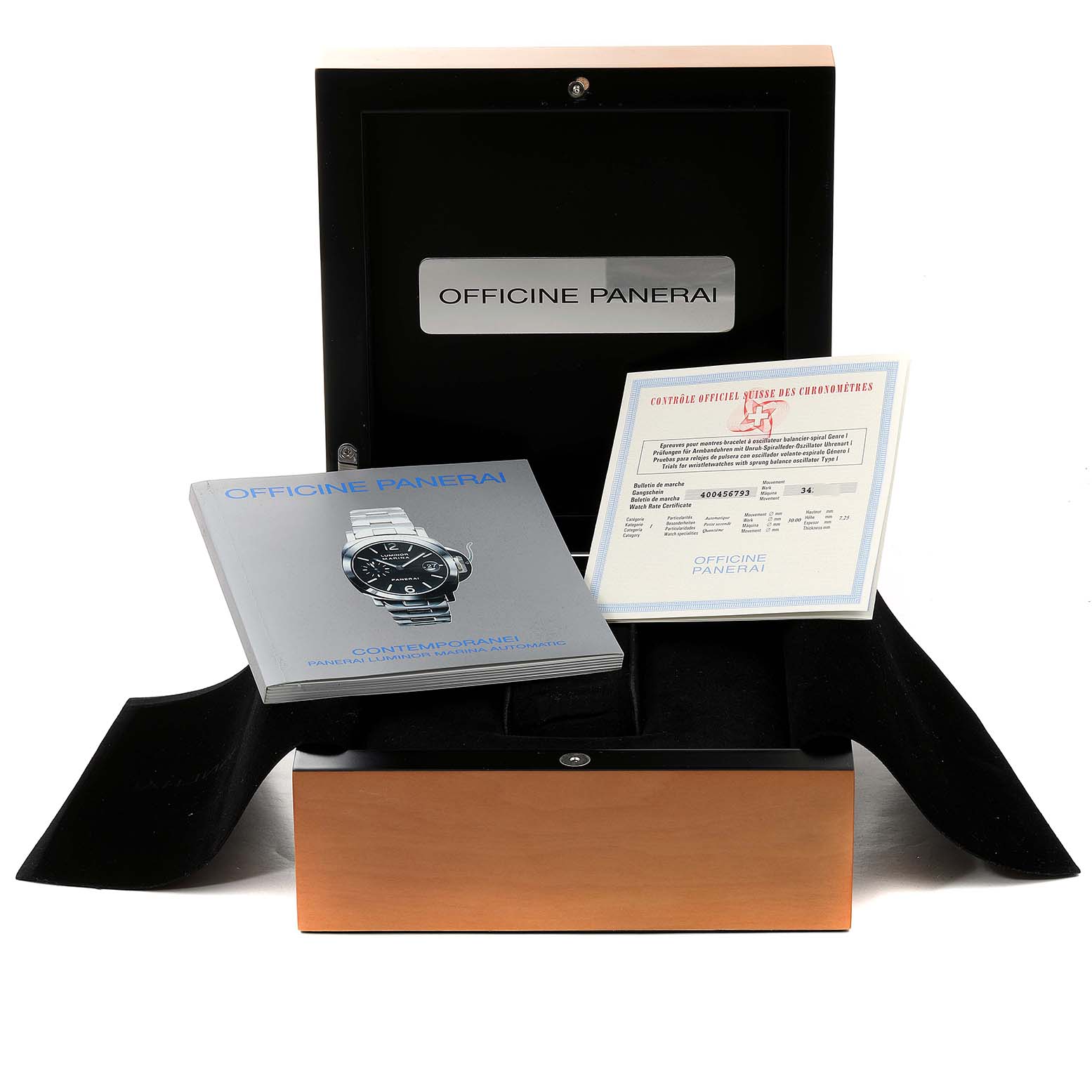 The image displays a Panerai Luminor PAM00049 Men
s Stainless Steel White Dial PAM00049 Men
s Stainless Steel White Dial watch box, manual, and Best Quality
ity certificates from a front angle.