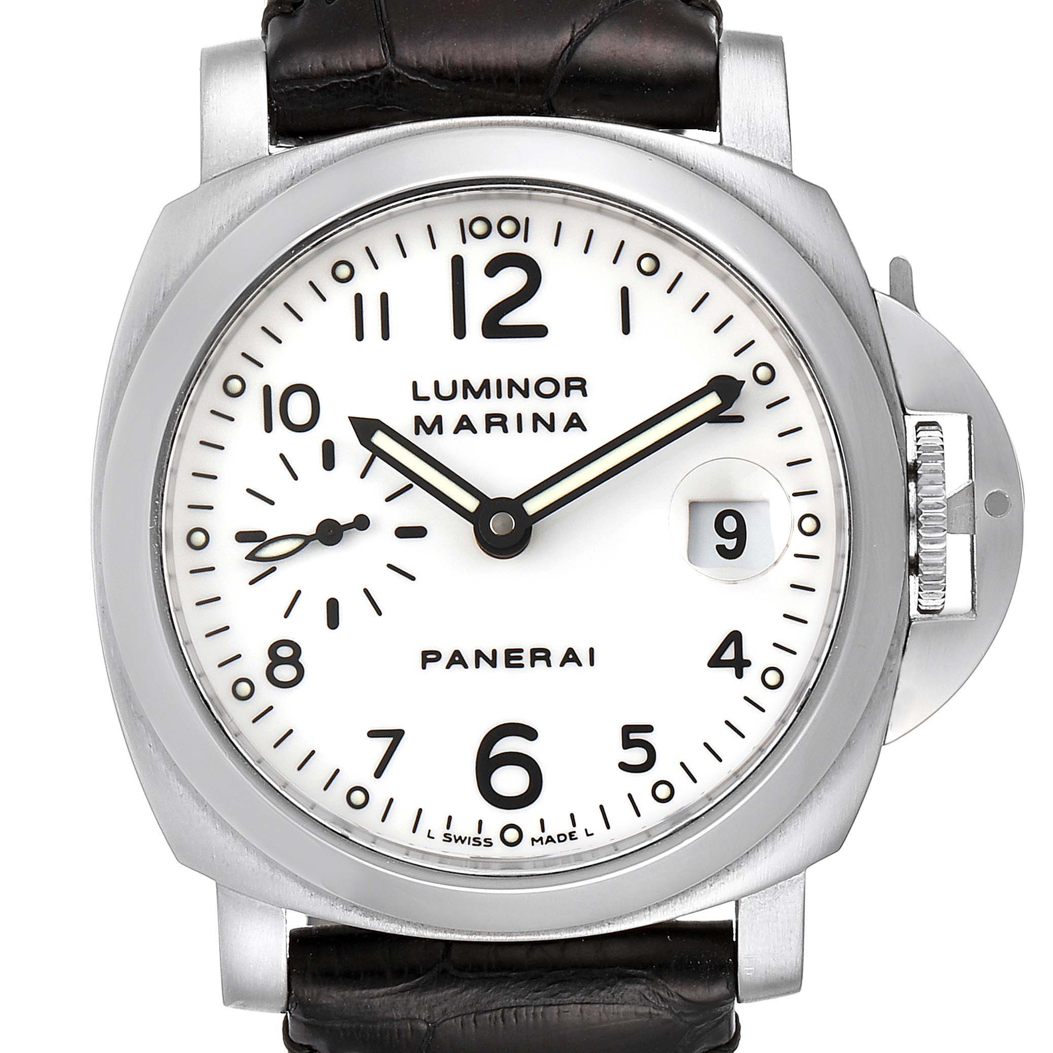 This is a front view of the Panerai Luminor PAM00049 Men
s Stainless Steel White Dial PAM00049 Men
s Stainless Steel White Dial Marina watch, showing its white dial, numerals, and crown guard.