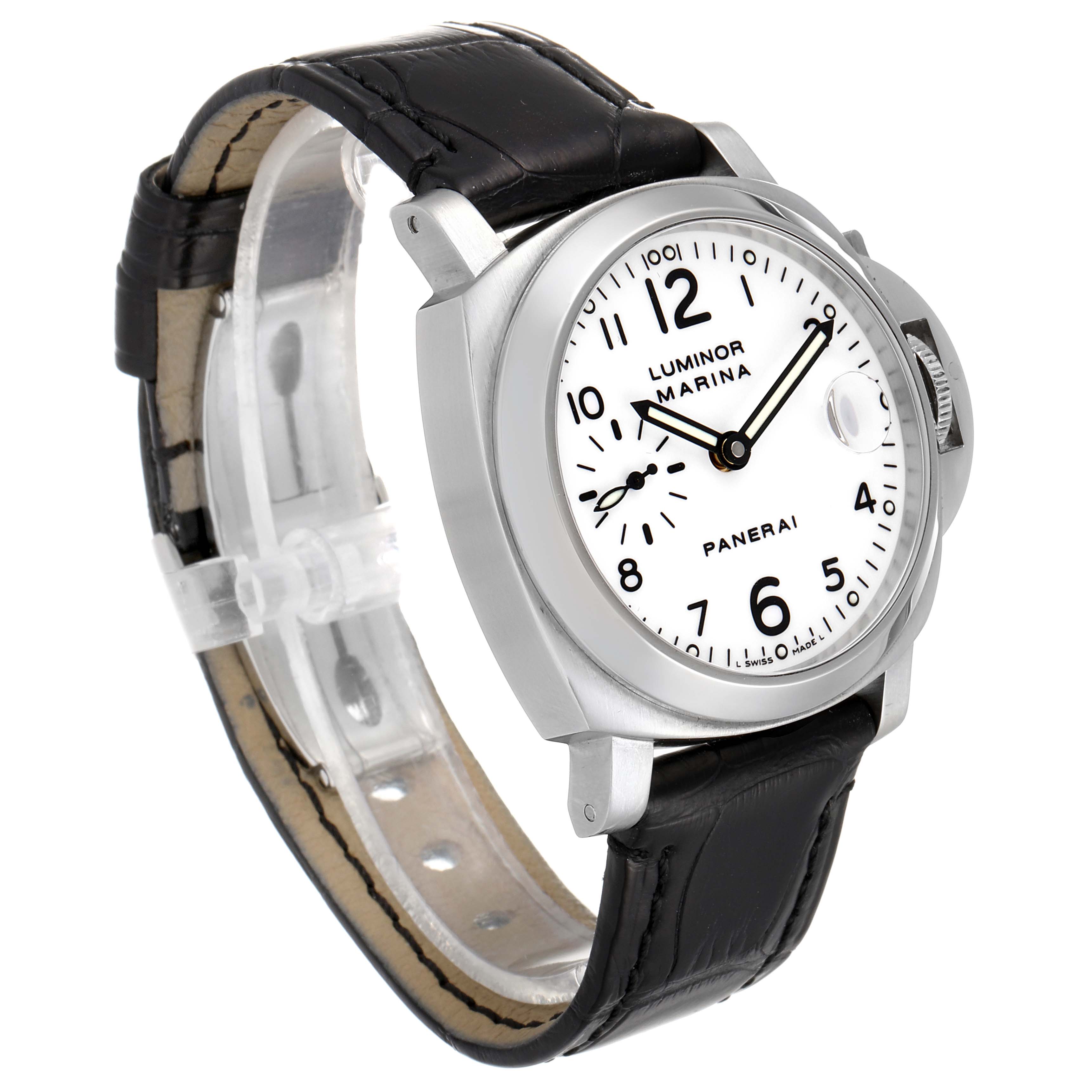 The image shows a Panerai Luminor PAM00049 Men
s Stainless Steel White Dial PAM00049 Men
s Stainless Steel White Dial Marina watch at a three-quarter angle, highlighting its face, case, and black leather strap.