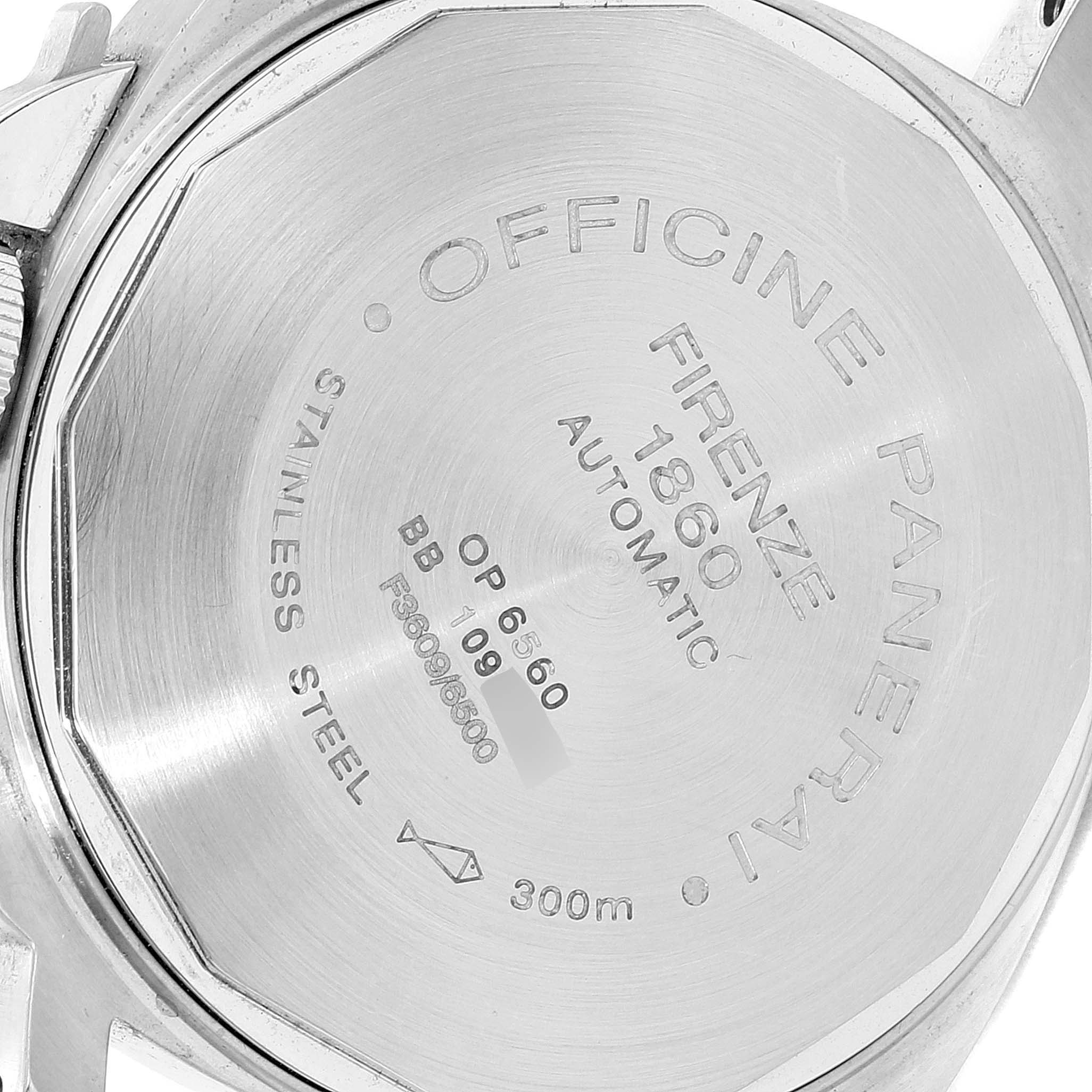 The image shows the stainless steel case back of a Panerai Luminor PAM00049 Men
s Stainless Steel White Dial PAM00049 Men
s Stainless Steel White Dial watch at a slight angle.