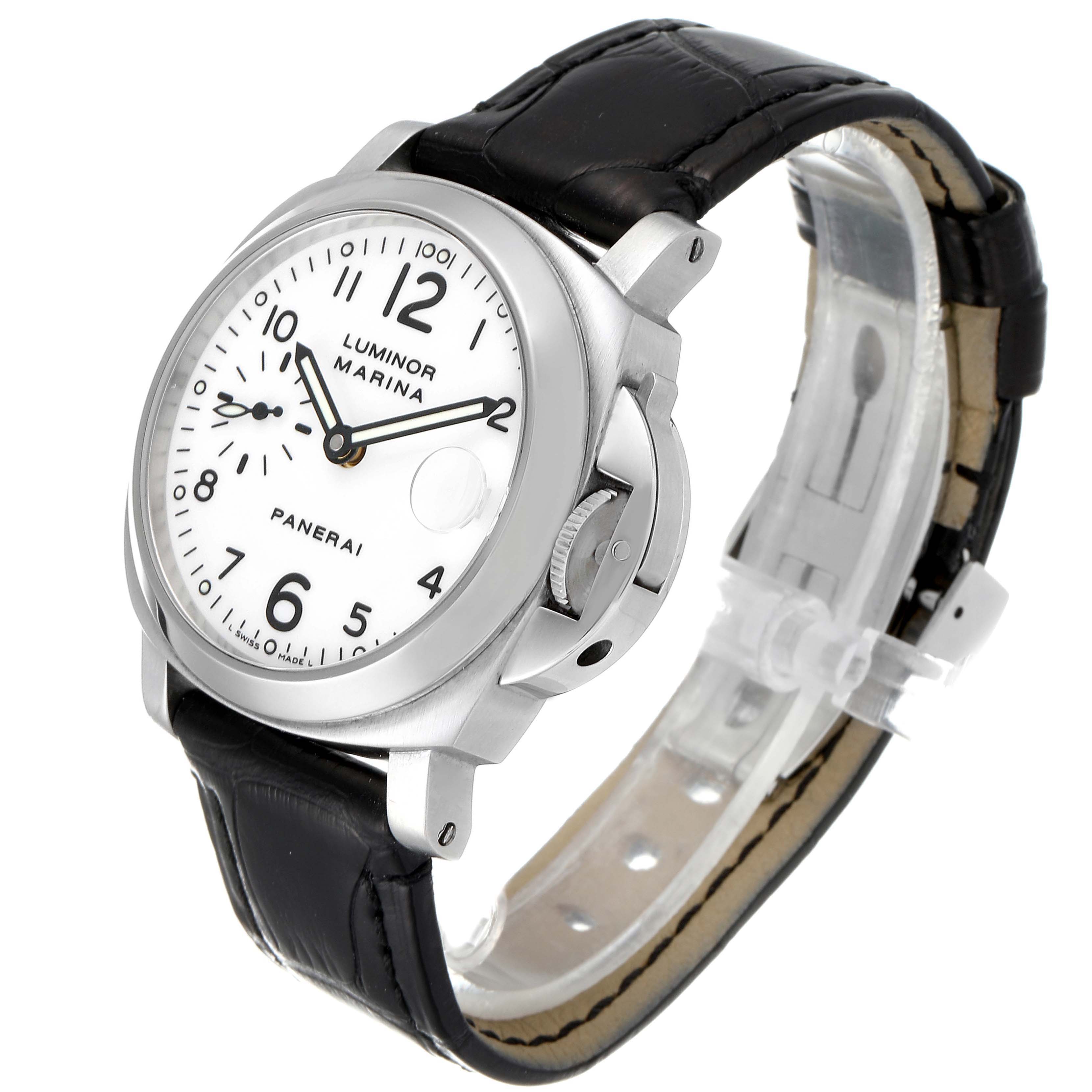 The image shows a Panerai Luminor PAM00049 Men
s Stainless Steel White Dial PAM00049 Men
s Stainless Steel White Dial watch at a three-quarter angle, showcasing its dial, crown, and black leather strap.