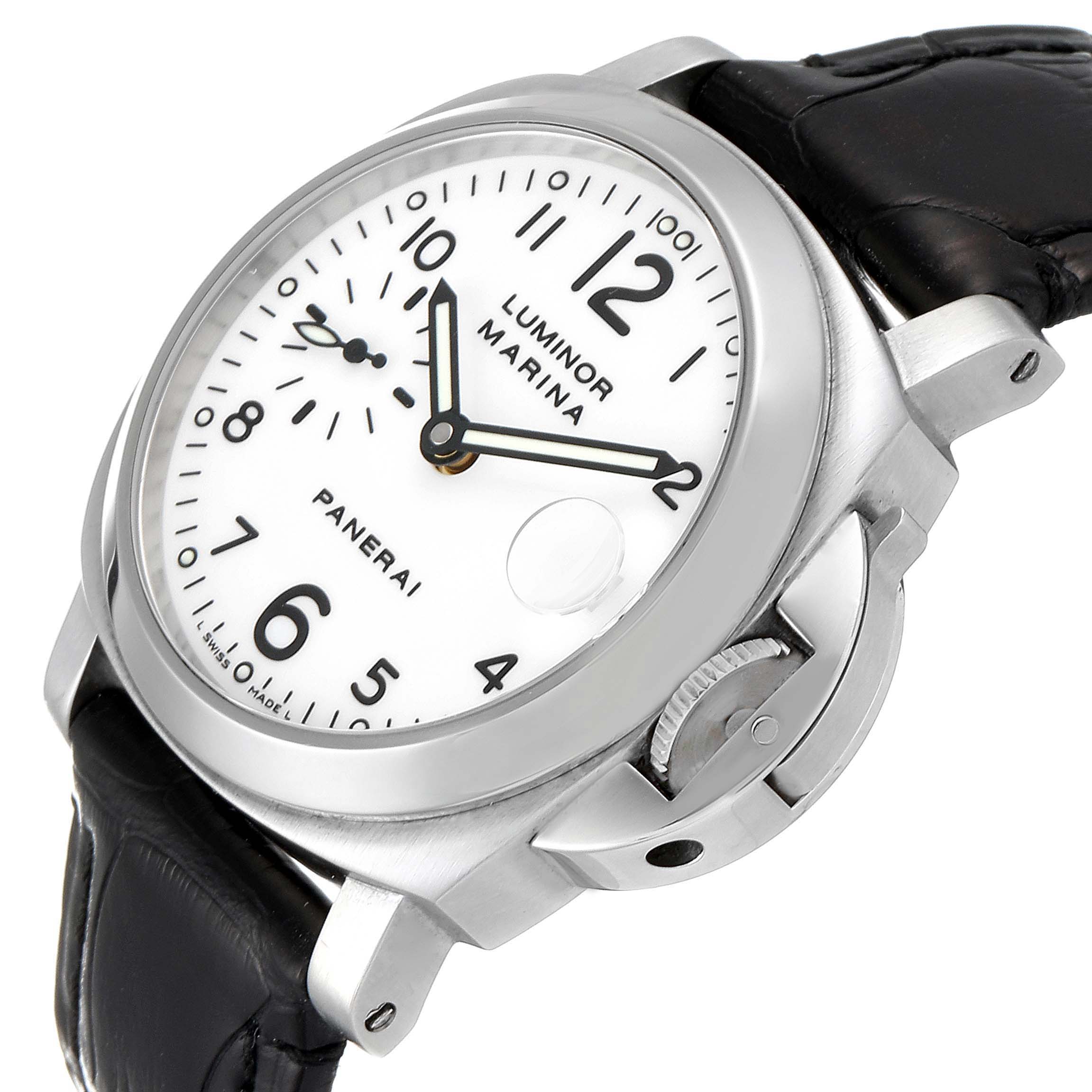 This image shows a Panerai Luminor PAM00049 Men
s Stainless Steel White Dial PAM00049 Men
s Stainless Steel White Dial Marina watch at an angled close-up, highlighting the dial, case, crown, and strap.