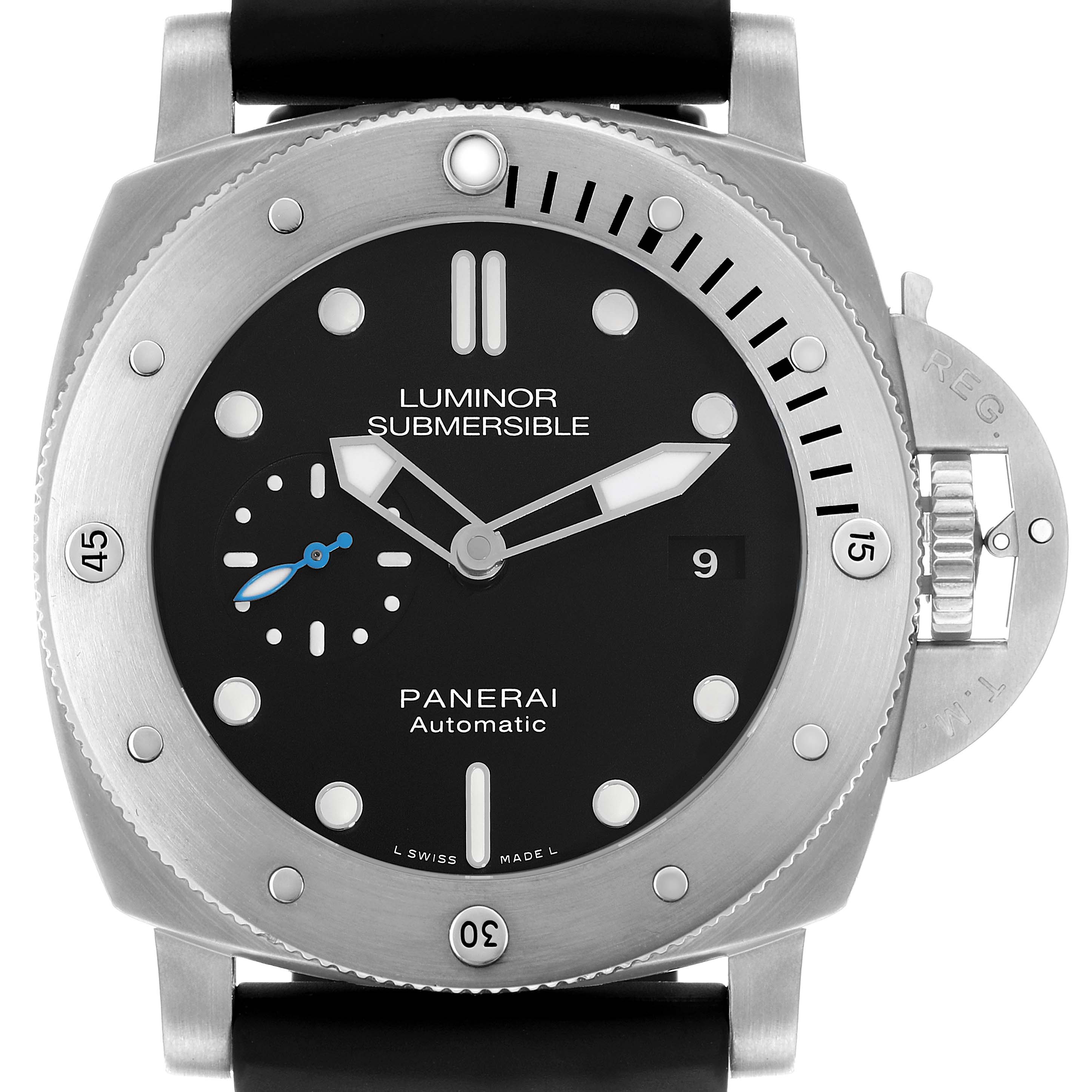 The image shows a front view of a Panerai Luminor Submersible watch, highlighting its dial, bezel, and crown guard.