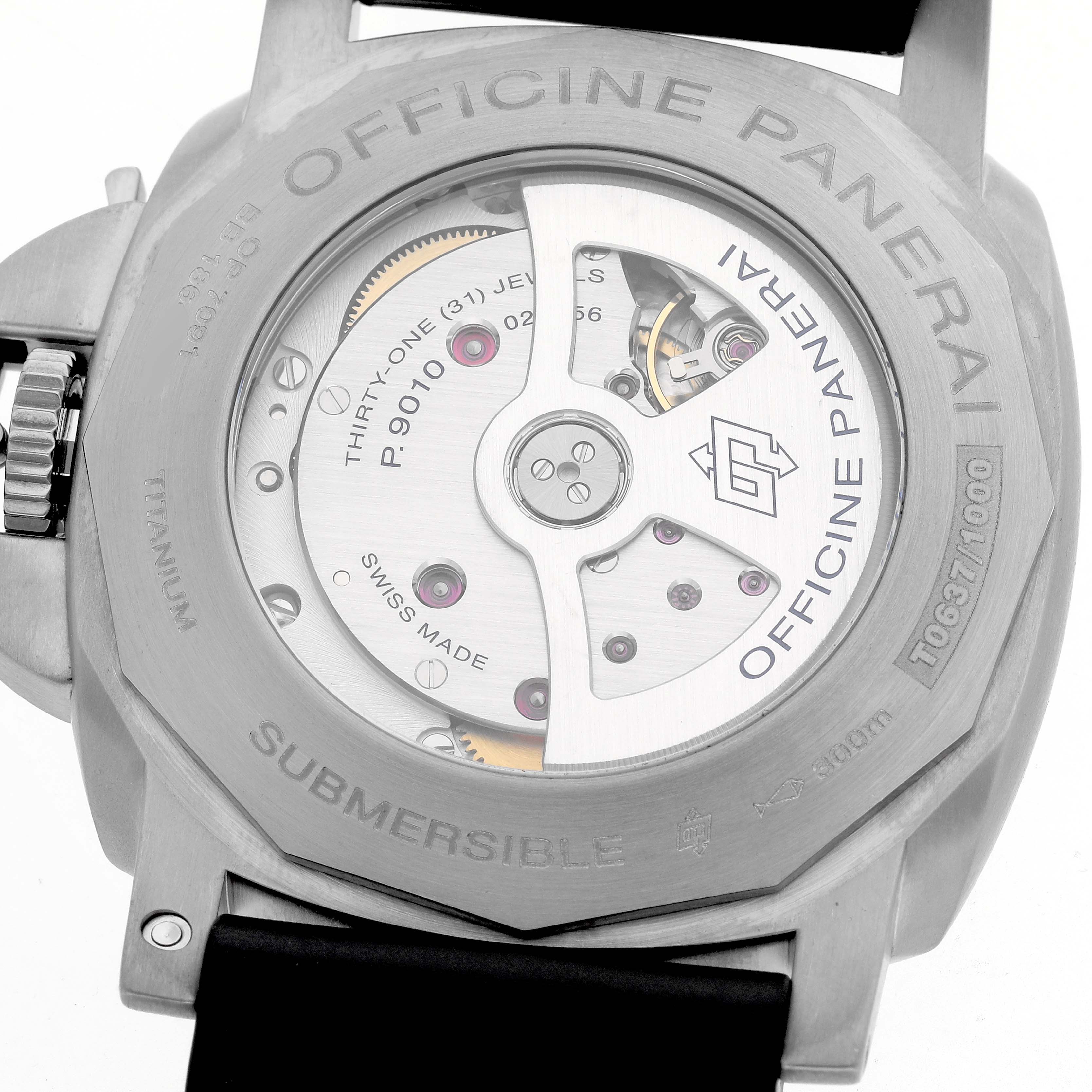 The image shows the back view of the Panerai Submersible PAM01305 Men's Stainless Steel Black Dial, highlighting its movement and engravings.