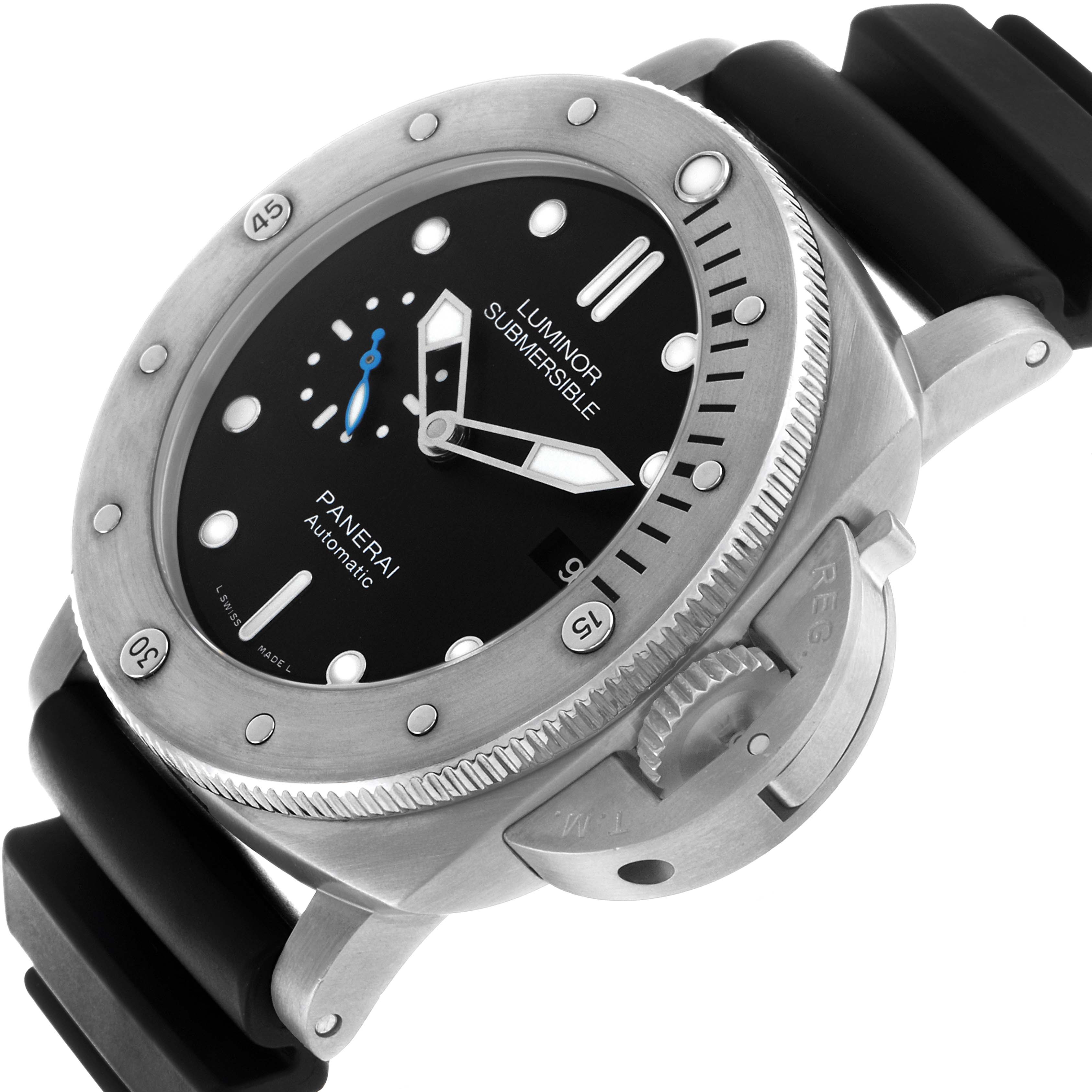 The Panerai Submersible PAM01305 Men's Stainless Steel Black Dial is shown at a three-quarter angle highlighting the bezel, dial, strap, and crown guard.