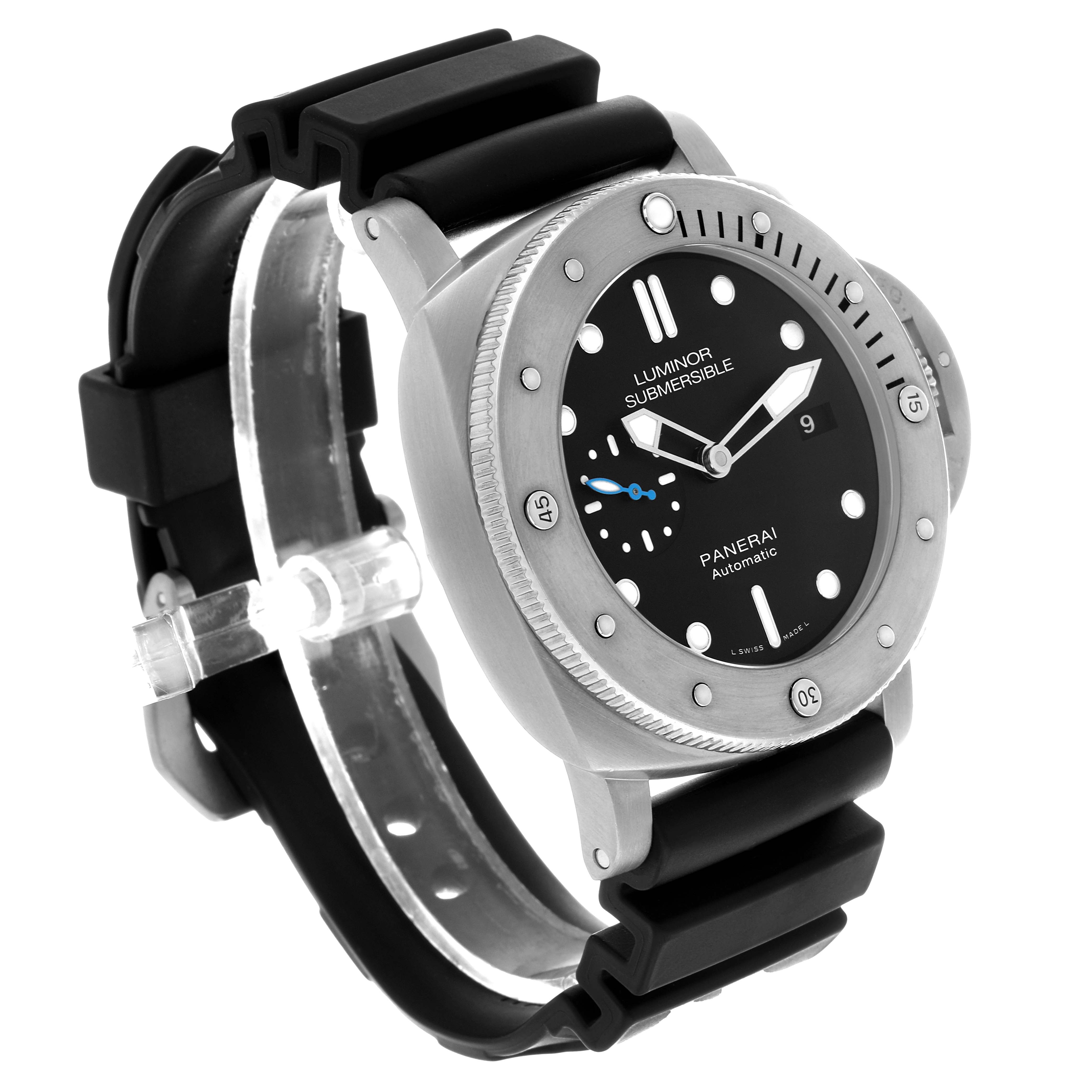 The Panerai Submersible PAM01305 Men's Stainless Steel Black Dial watch is shown at a front angle, highlighting the face, bezel, and rubber strap.
