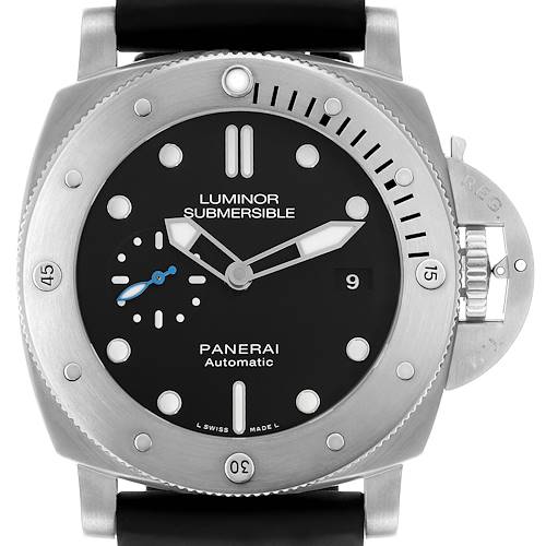 The image shows a front view of the Panerai Submersible PAM01305 Men's Stainless Steel Black Dial watch, highlighting the dial, bezel, and crown guard.