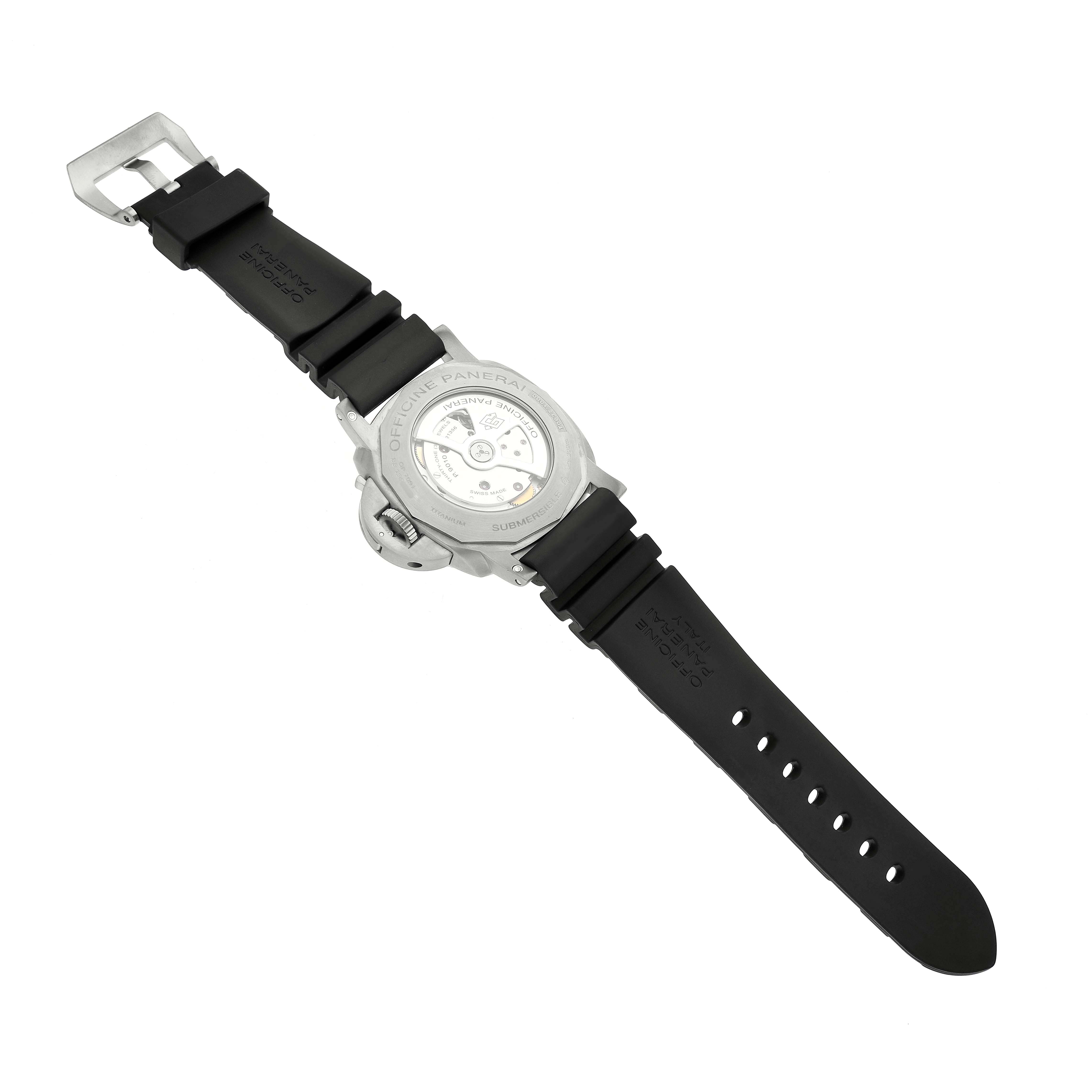 The image shows the back of a Panerai Submersible PAM01305 Men's Stainless Steel Black Dial watch, highlighting the case back and rubber strap.