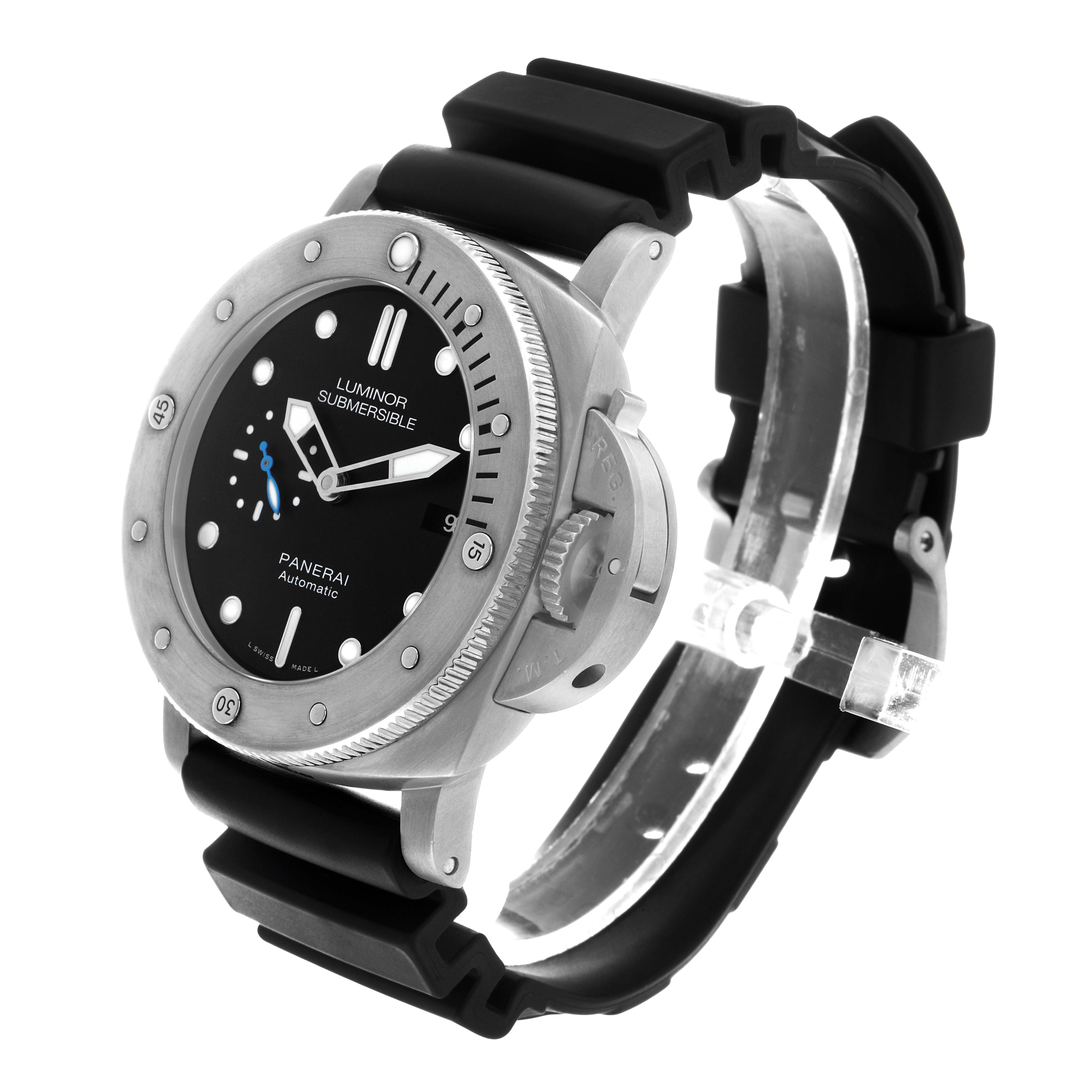 The image shows a Panerai Submersible PAM01305 Men's Stainless Steel Black Dial watch at a three-quarter angle, highlighting the bezel, dial, and rubber strap.