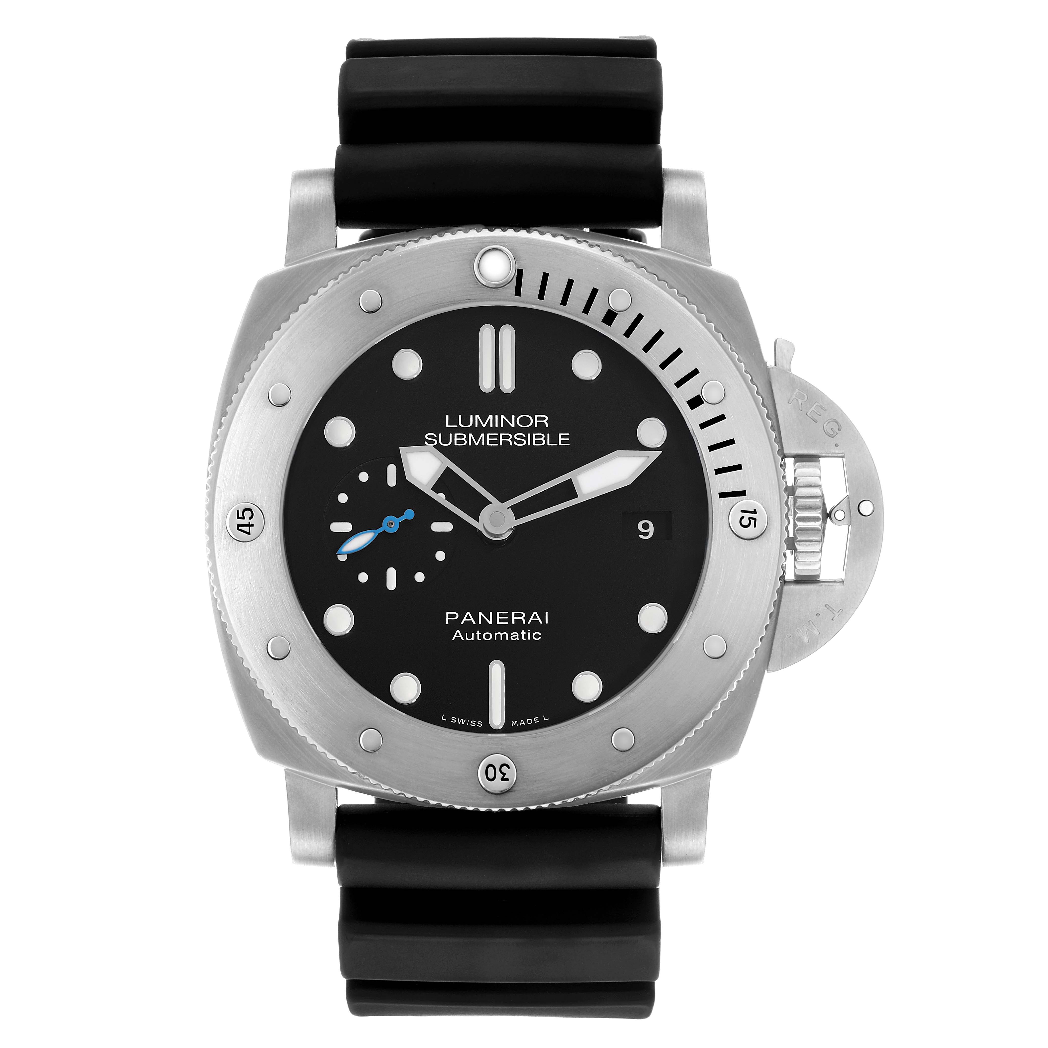 The image shows a front angle of the Panerai Submersible PAM01305 Men's Stainless Steel Black Dial watch, highlighting the dial, bezel, strap, and crown guard.