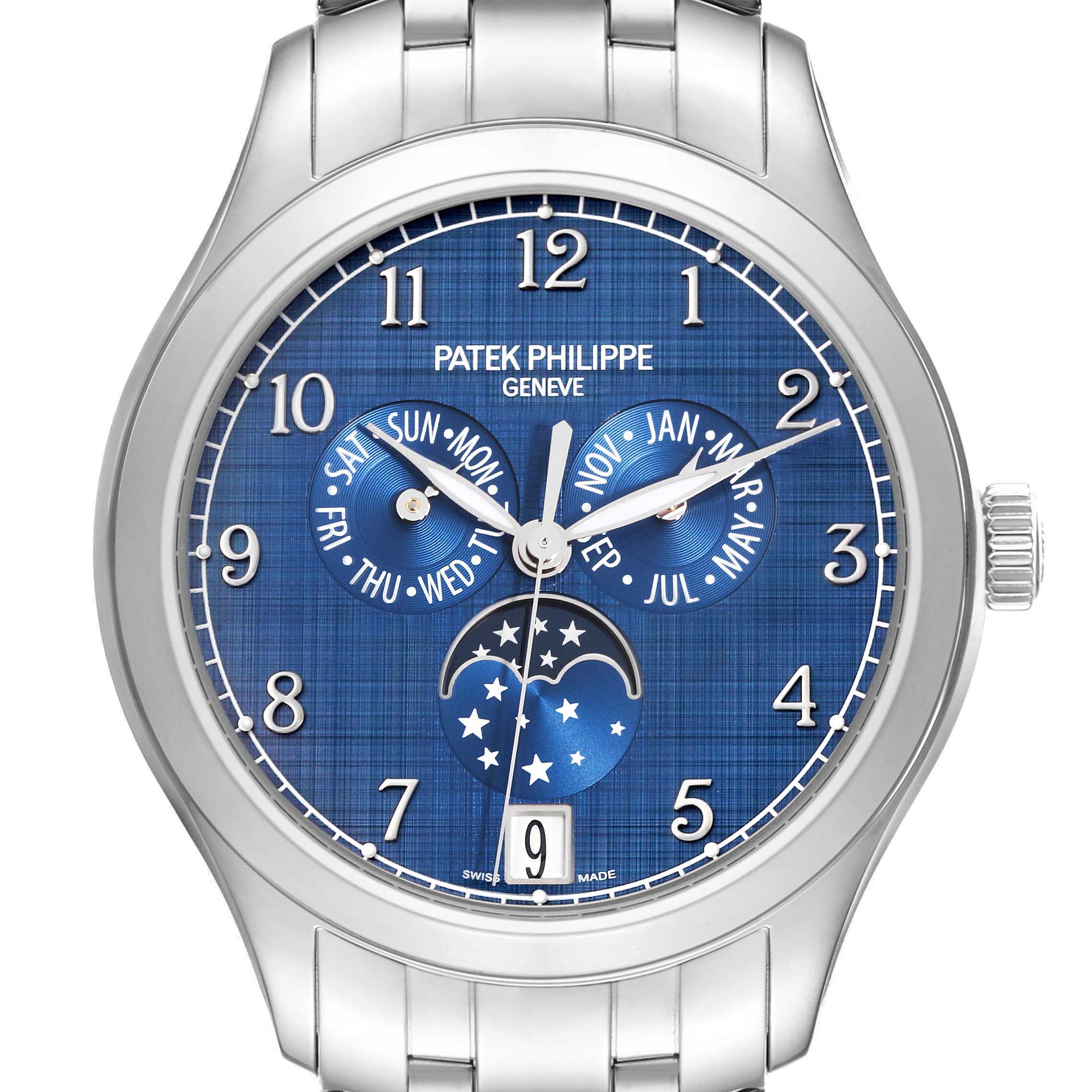 The Patek Philippe Complications 4947/1A-001 Men's Stainless Steel Blue Dial 4947/1A-001 Men's Stainless Steel Blue Dial watch is shown from the front, highlighting the dial, numerals, subdials, and case.