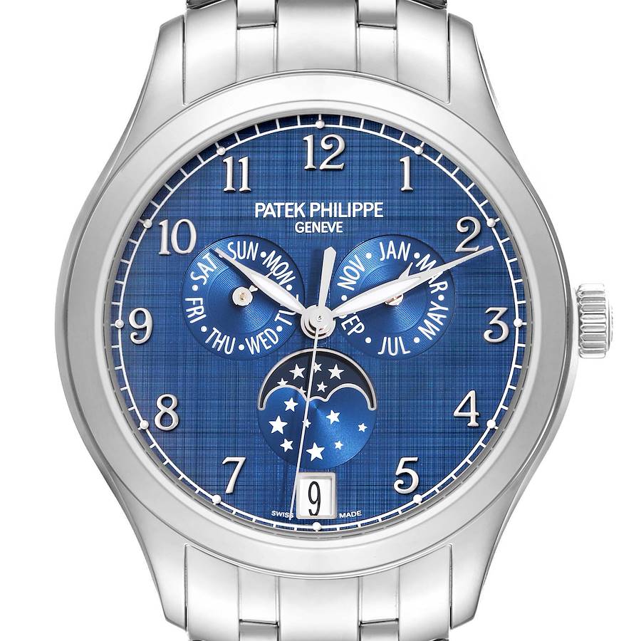 The Patek Philippe Complications watch is shown from the front, highlighting the dial, numerals, subdials, and case.