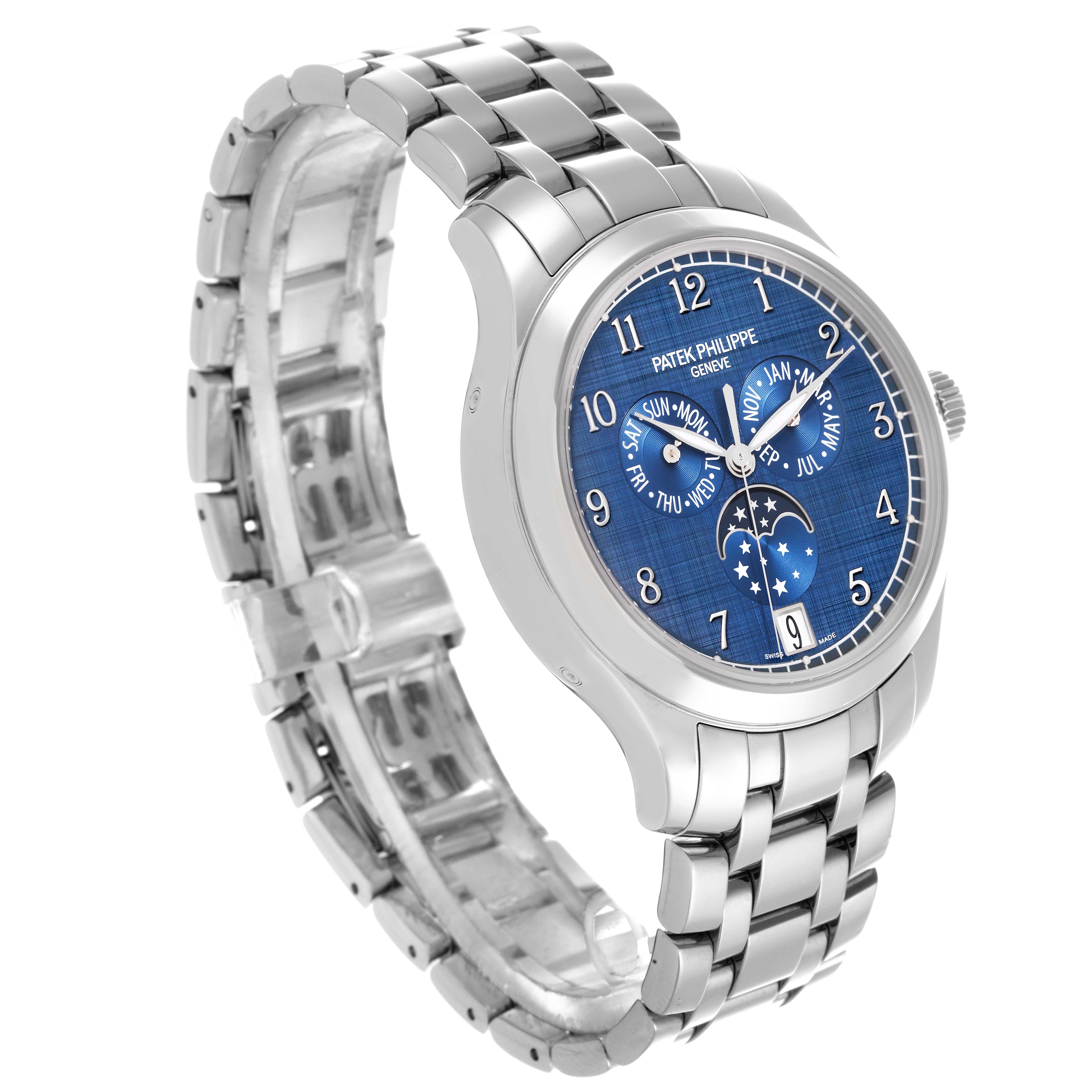 The Patek Philippe Complications 4947/1A-001 Men's Stainless Steel Blue Dial 4947/1A-001 Men's Stainless Steel Blue Dial watch is shown at a slight angle, displaying the face and part of the metal bracelet.