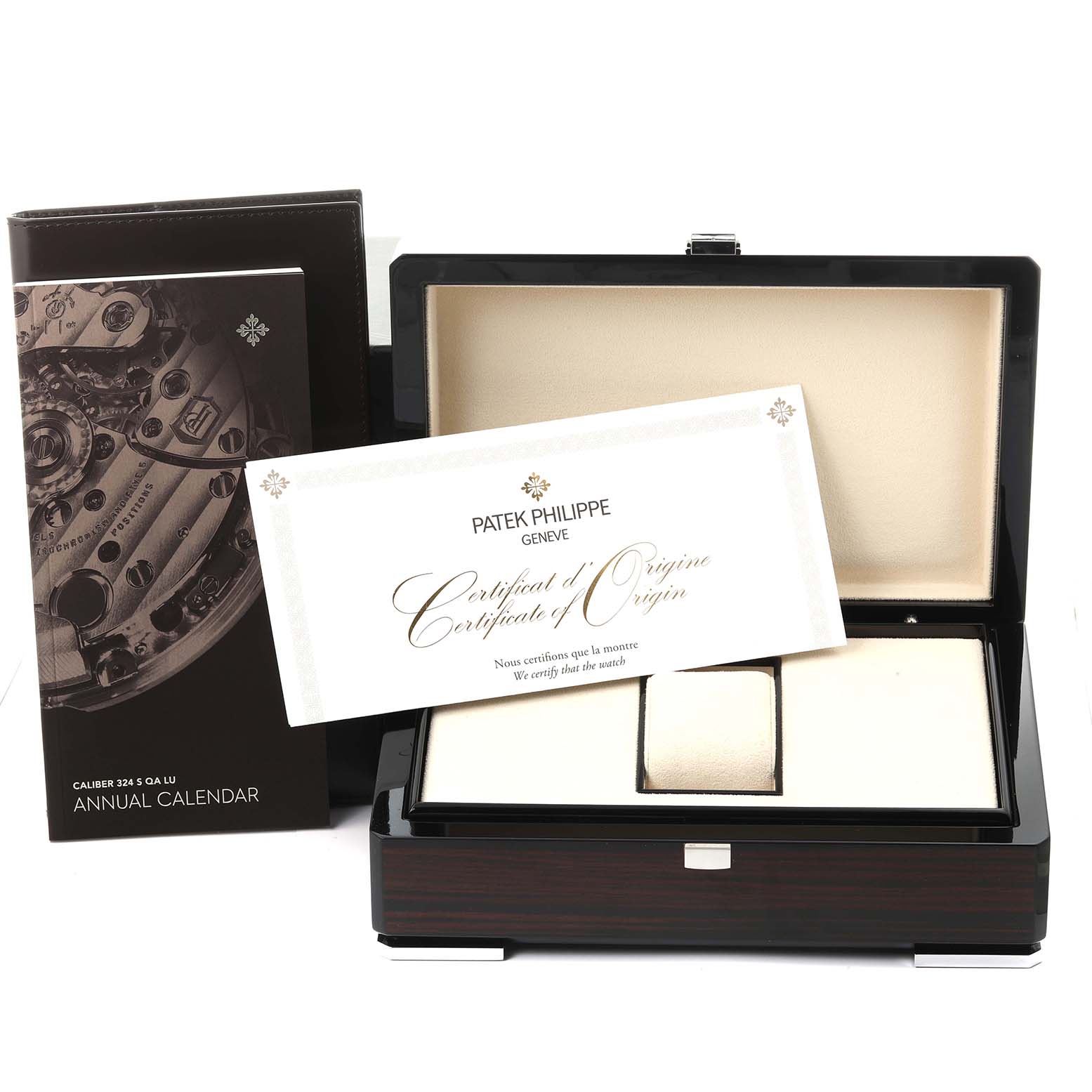 The image shows the packaging and Certificate of Origin for a Patek Philippe Complications 4947/1A-001 Men's Stainless Steel Blue Dial 4947/1A-001 Men's Stainless Steel Blue Dial watch, with an angled view of the case.