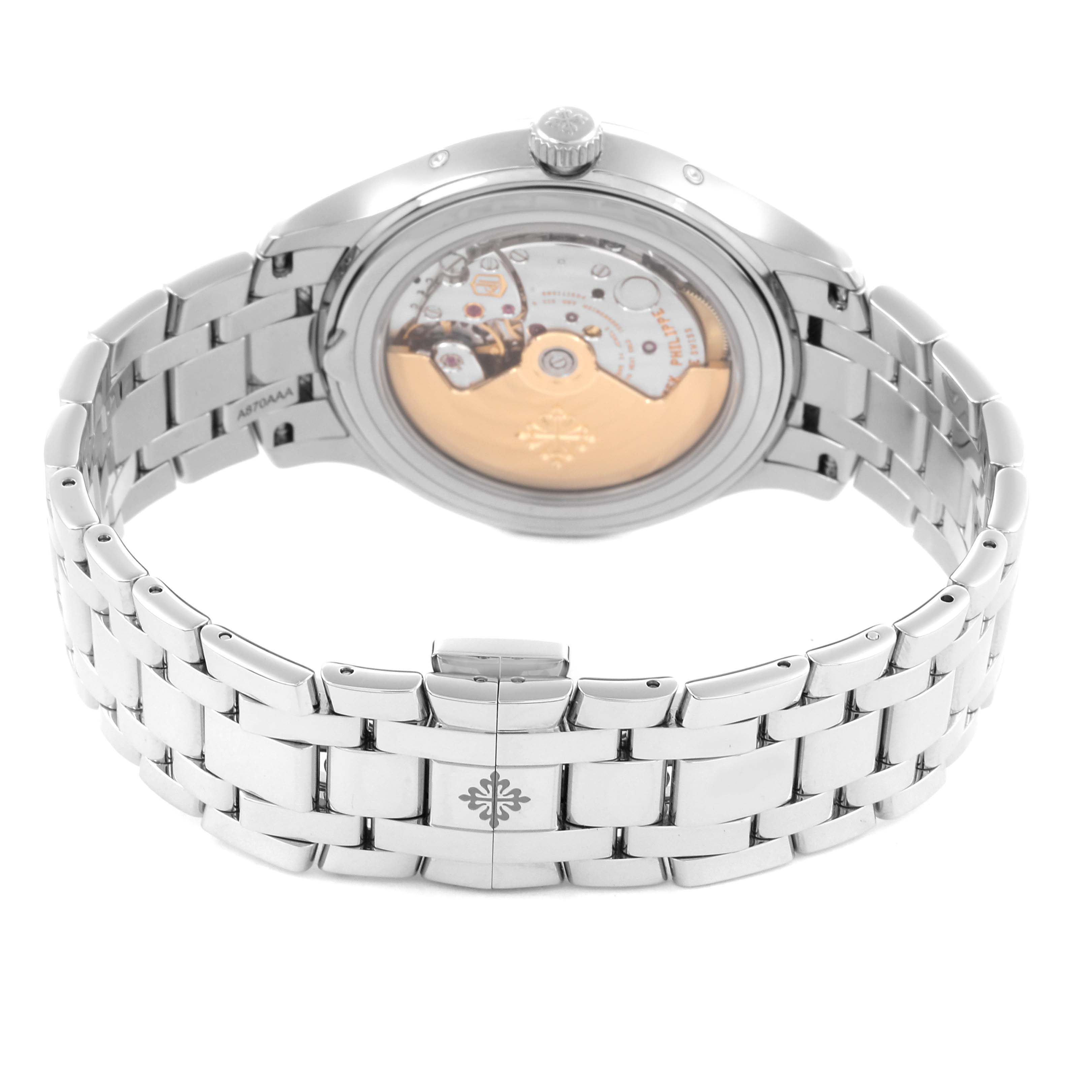 The Patek Philippe Complications 4947/1A-001 Men's Stainless Steel Blue Dial 4947/1A-001 Men's Stainless Steel Blue Dial watch is shown from the back, displaying the movement and metal bracelet.