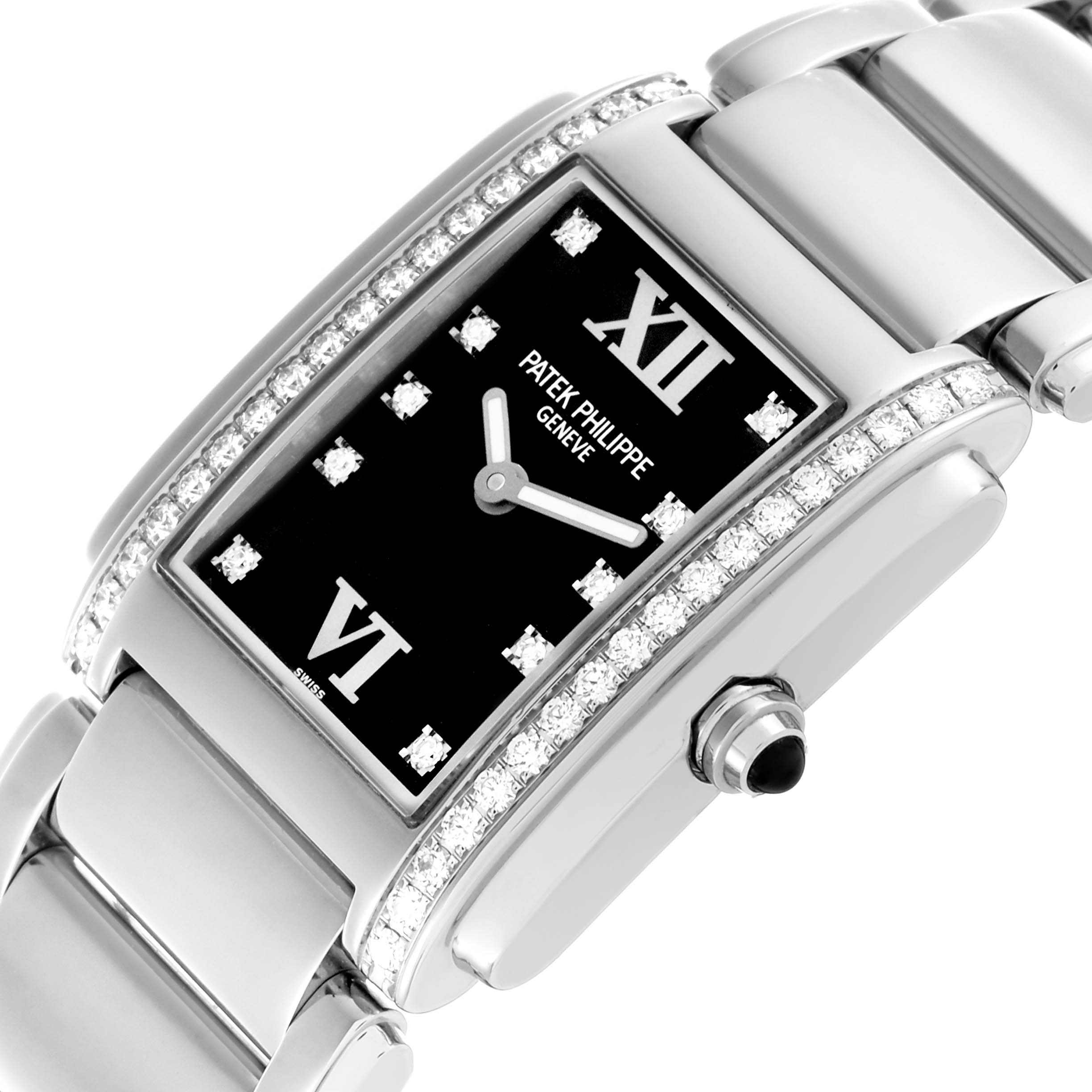 The image shows a close-up angle of the Patek Philippe Twenty-4 4910/10A-001 Women's Stainless Steel Black Dial 4910/10A-001 Women's Stainless Steel Black Dial watch, highlighting the black dial, diamond bezel, and part of the bracelet.