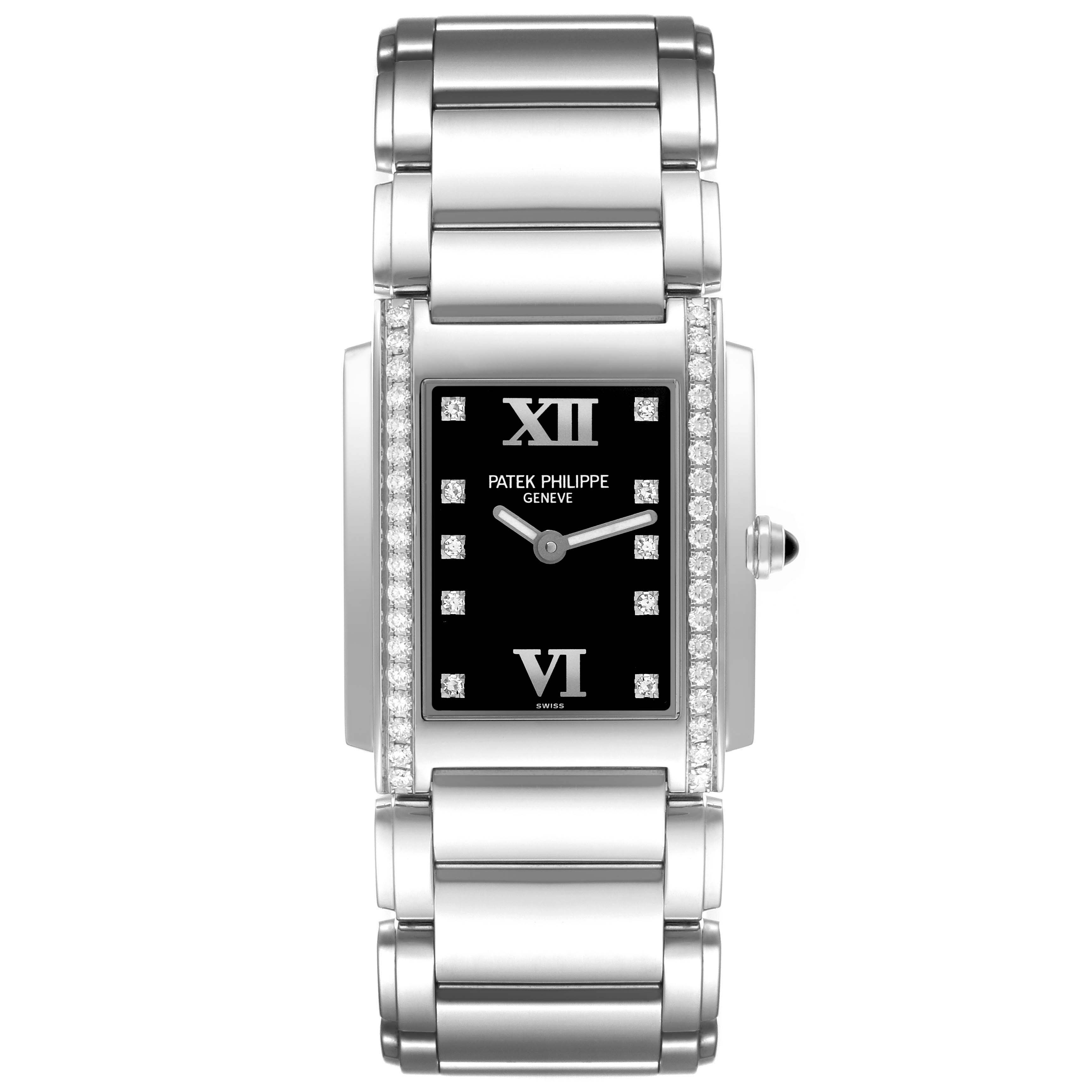 The Patek Philippe Twenty-4 4910/10A-001 Women's Stainless Steel Black Dial 4910/10A-001 Women's Stainless Steel Black Dial watch is shown from a top-down angle, highlighting the dial, bracelet, and diamond accents.