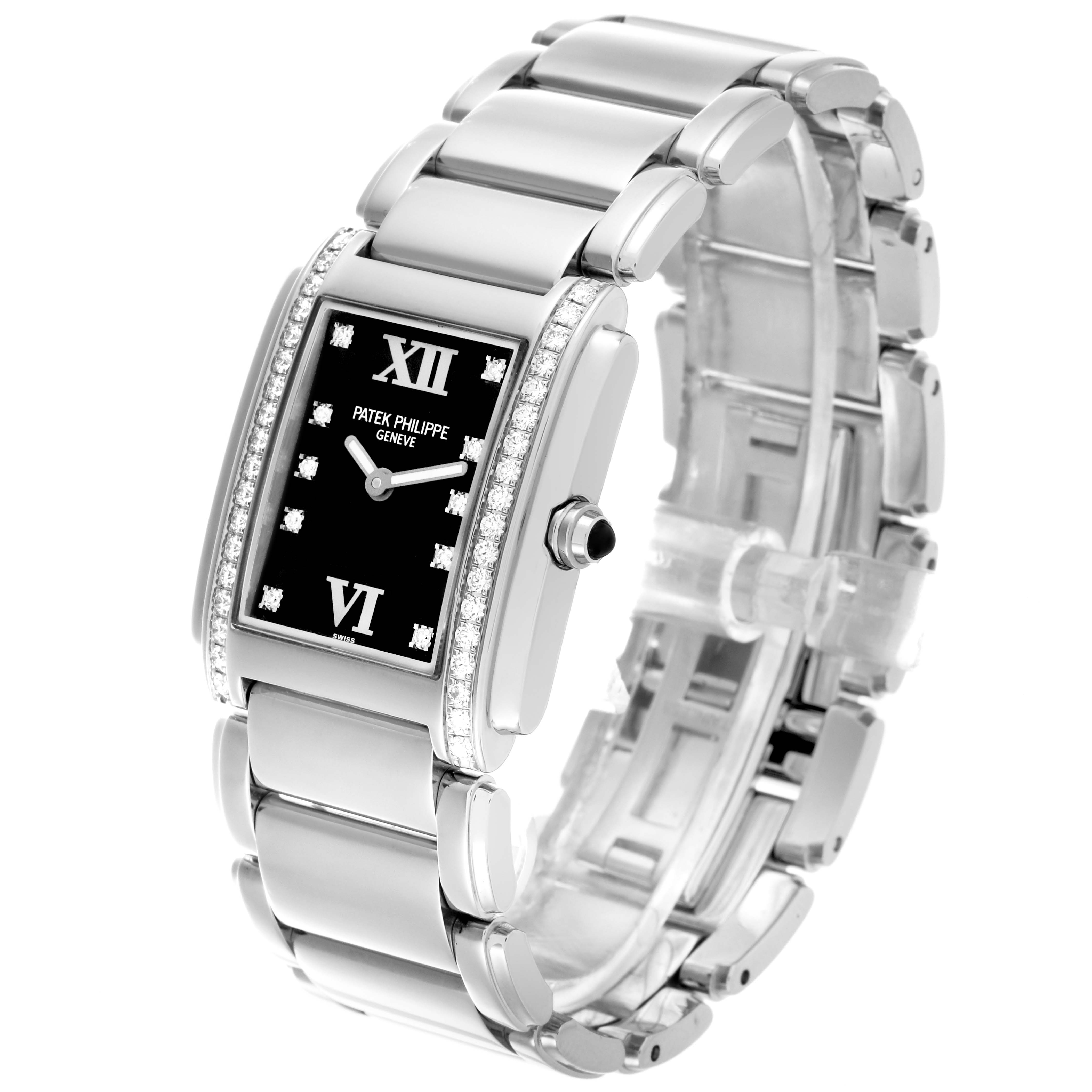 The Patek Philippe Twenty-4 4910/10A-001 Women's Stainless Steel Black Dial 4910/10A-001 Women's Stainless Steel Black Dial watch is shown at an angle highlighting its bracelet, rectangular face, and side profile.