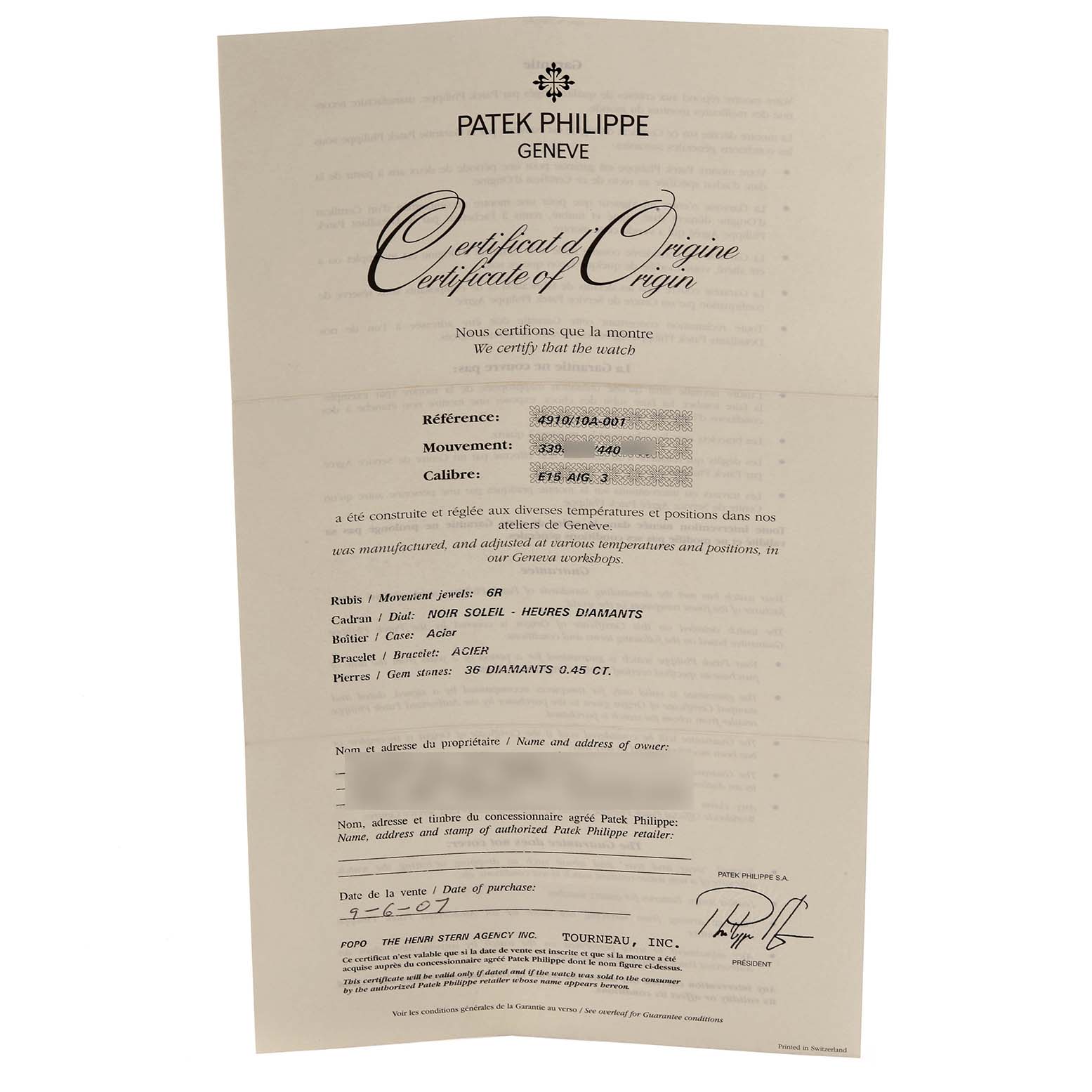 The image shows the Certificate of Origin for a Patek Philippe Twenty-4 4910/10A-001 Women's Stainless Steel Black Dial 4910/10A-001 Women's Stainless Steel Black Dial watch, featuring details like reference and movement numbers.