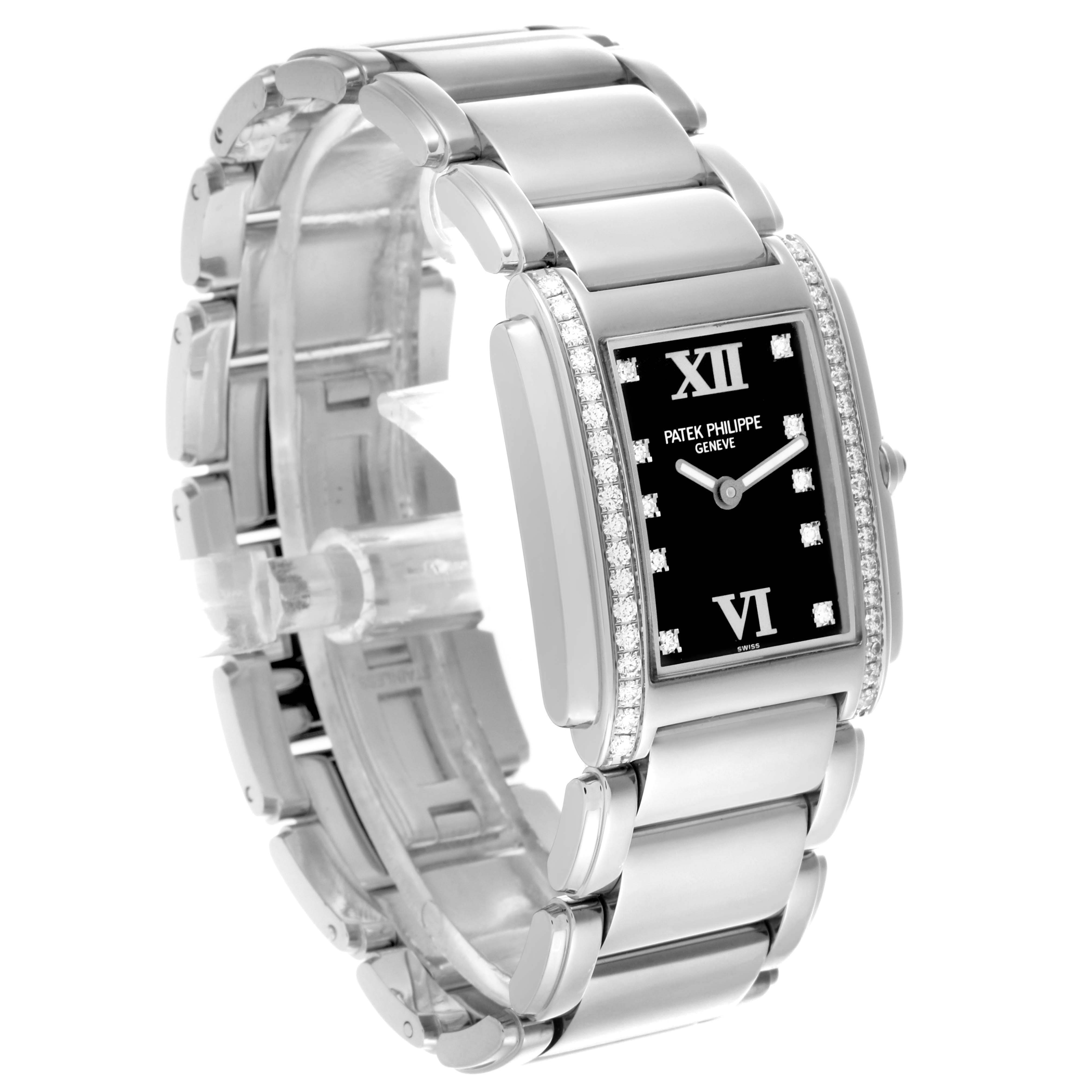 The image shows a side angle of the Patek Philippe Twenty-4 4910/10A-001 Women's Stainless Steel Black Dial 4910/10A-001 Women's Stainless Steel Black Dial watch with its bracelet and diamond-set bezel visible.