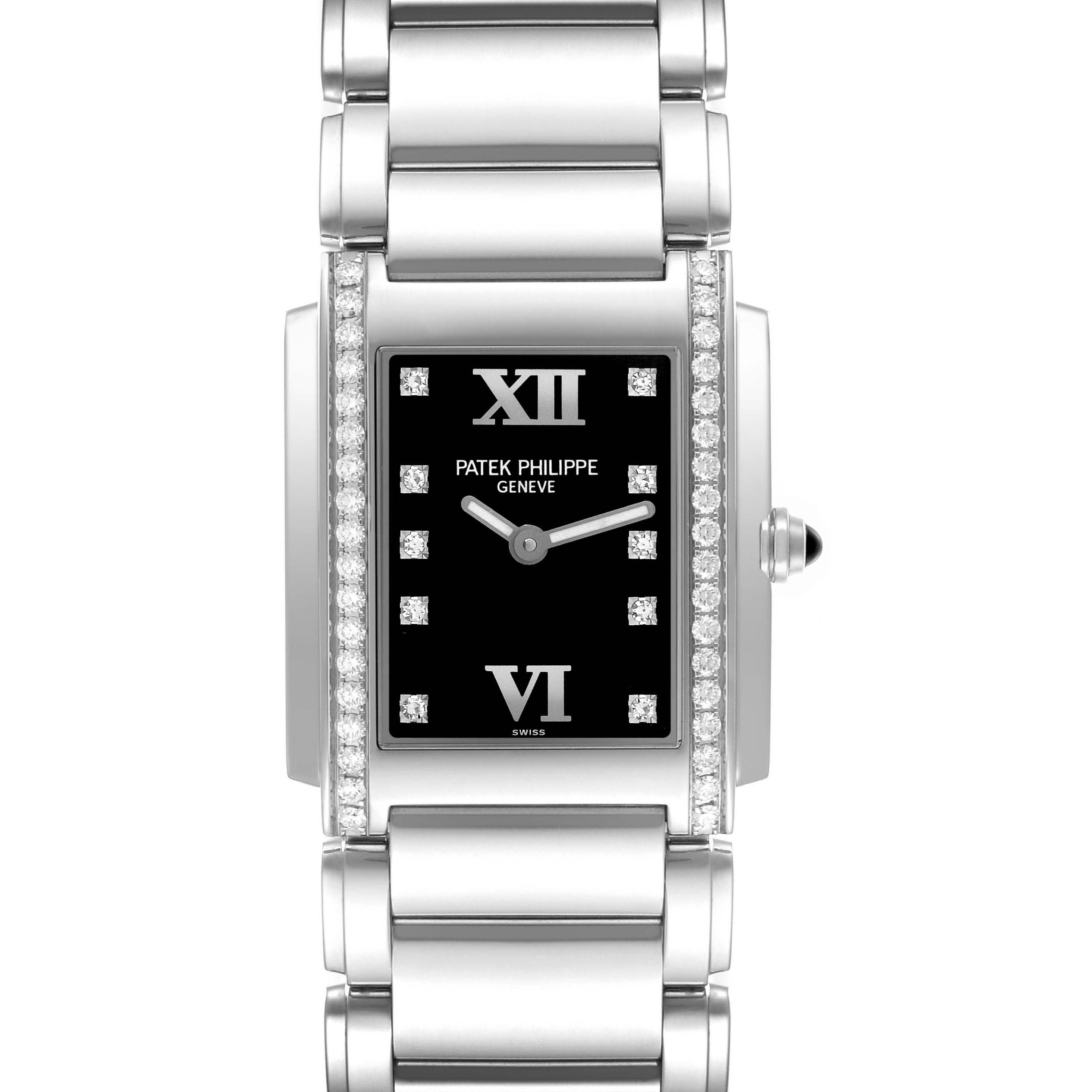 The image shows a frontal view of the Patek Philippe Twenty-4 4910/10A-001 Women's Stainless Steel Black Dial 4910/10A-001 Women's Stainless Steel Black Dial watch, highlighting the face and bracelet.
