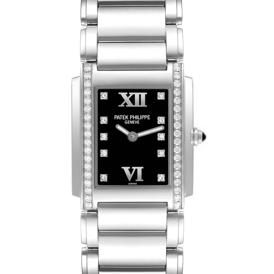 The image shows a frontal view of the Patek Philippe Twenty-4 watch, highlighting the face and bracelet.