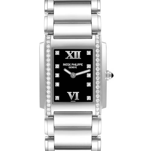 The Patek Philippe Twenty-4 watch is shown from the front, displaying its rectangular face, bracelet, and diamond accents.