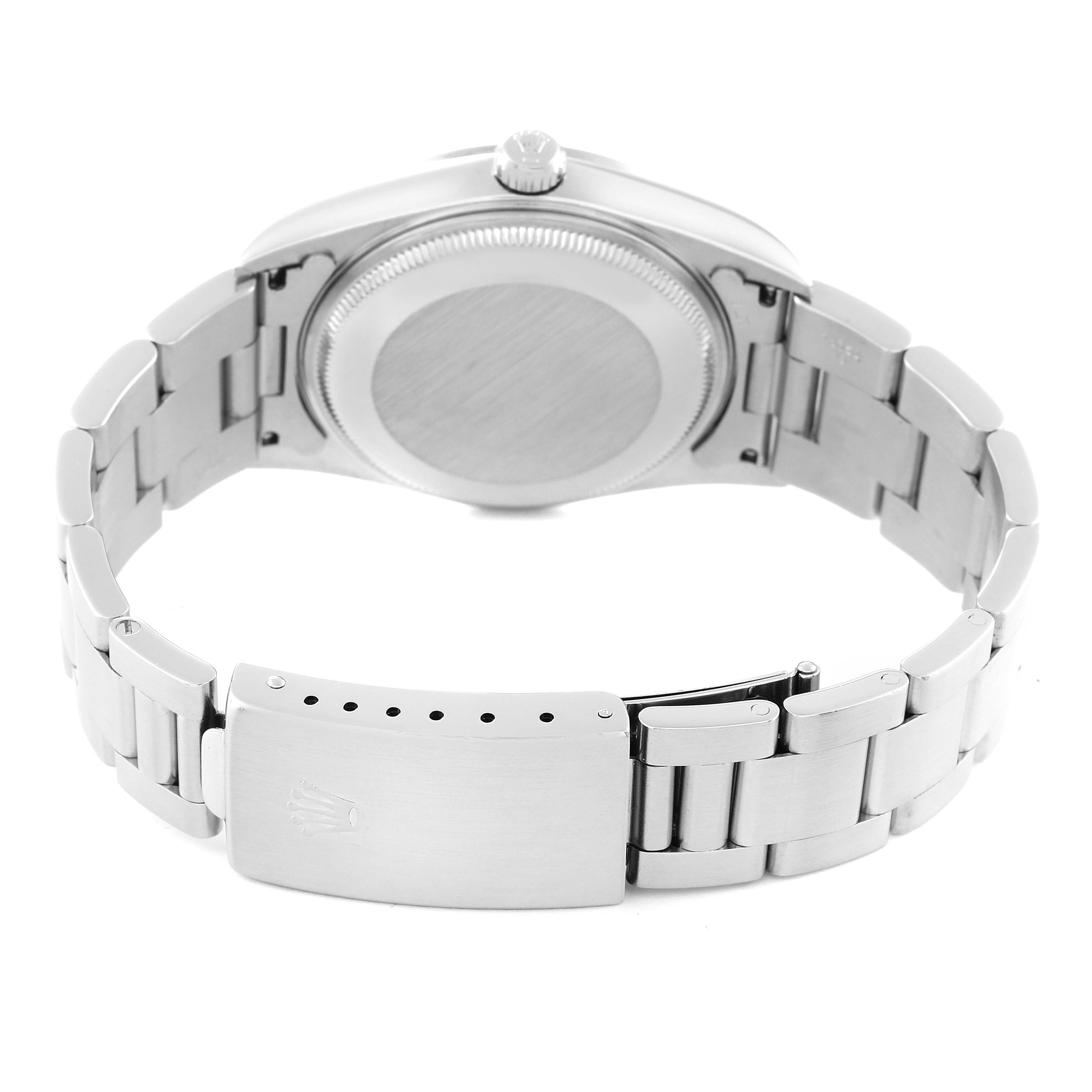 This image shows the back view of the Rolex Air-King 14000 Men's Stainless Steel Blue Dial 14000 Men's Stainless Steel Blue Dial watch, focusing on the case back and bracelet with clasp.