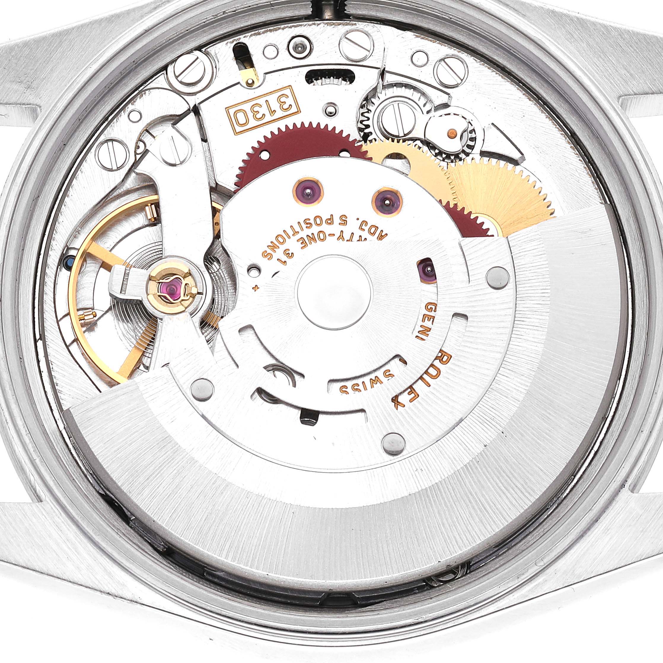 This is a close-up view of the internal mechanical movement of the Rolex Air-King 14000 Men's Stainless Steel Blue Dial 14000 Men's Stainless Steel Blue Dial watch, showcasing gears and the rotor.