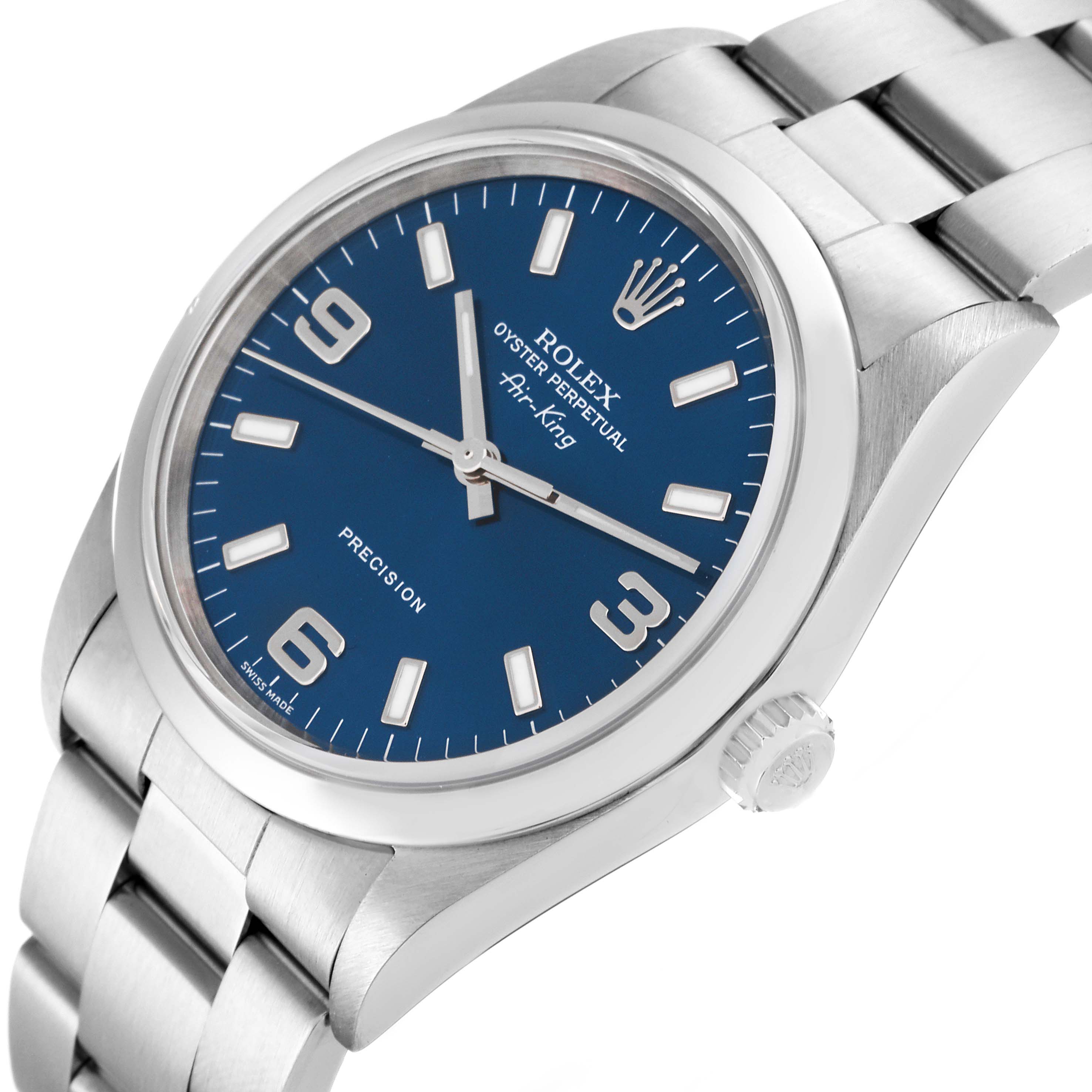 This image shows a Rolex Air-King 14000 Men's Stainless Steel Blue Dial 14000 Men's Stainless Steel Blue Dial watch at a slight angle, highlighting its blue dial, crown, and part of the bracelet.