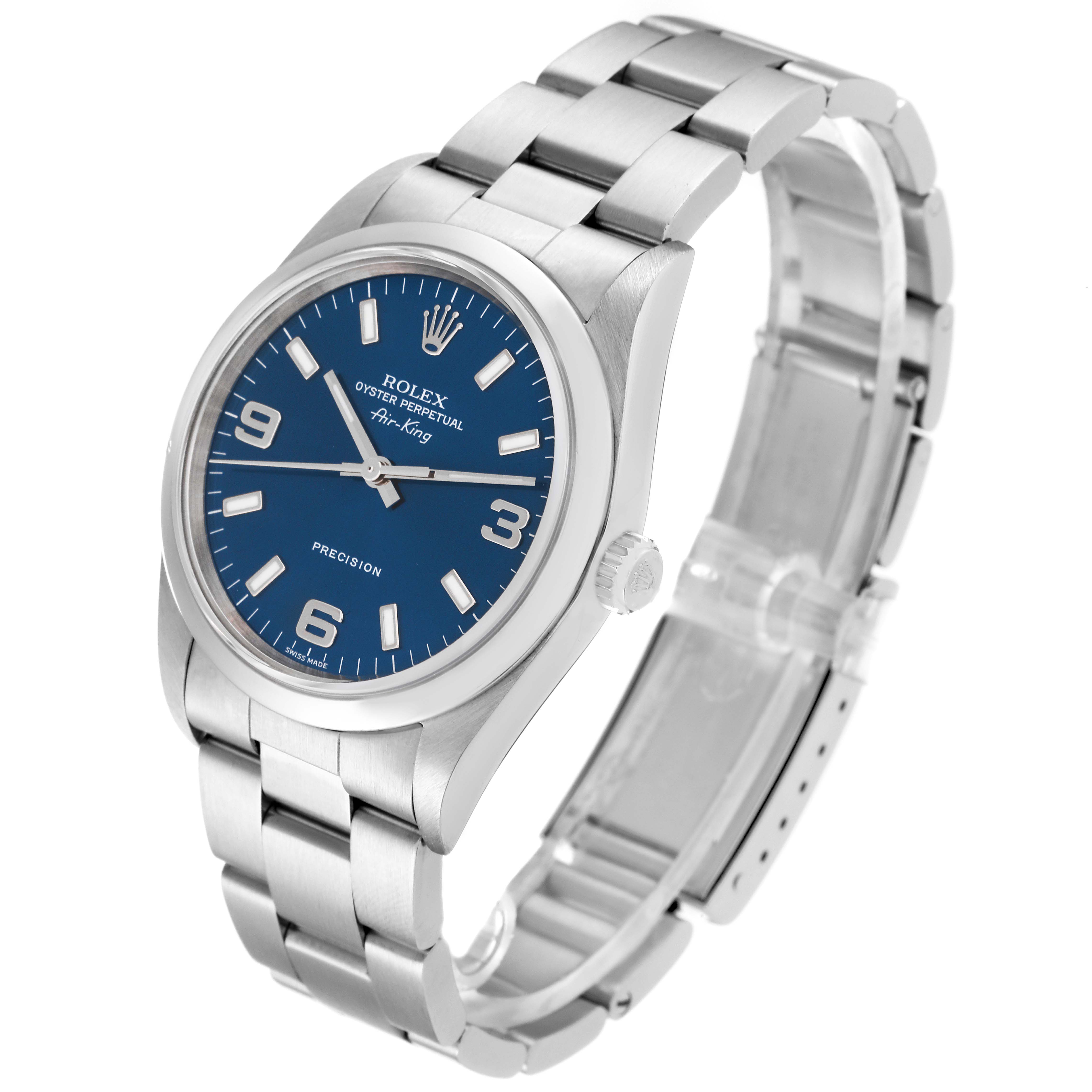 The Rolex Air-King 14000 Men's Stainless Steel Blue Dial 14000 Men's Stainless Steel Blue Dial watch is shown at a 3/4 angle, featuring the face, crown, and metal bracelet.