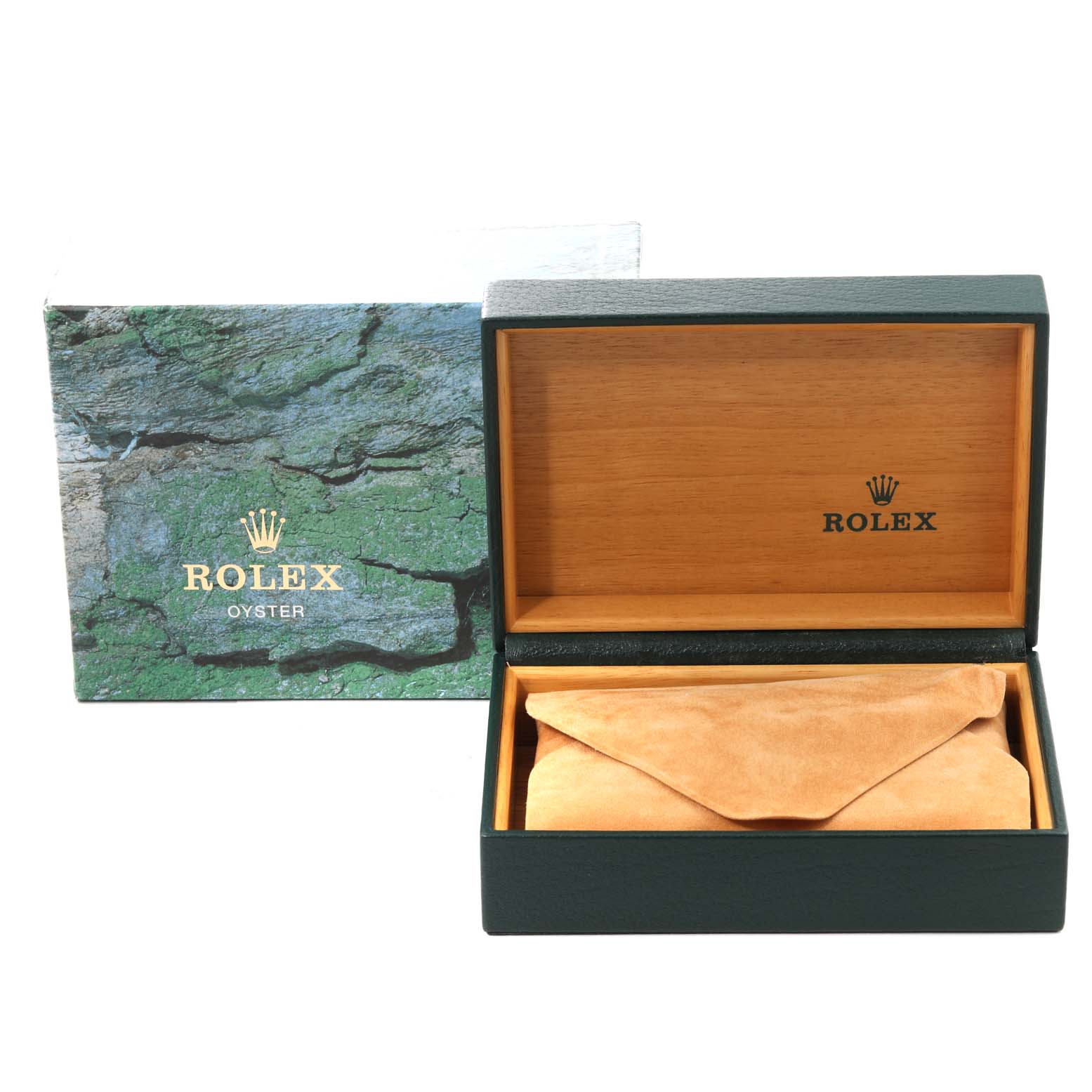 The image shows the packaging of the Rolex Air-King 14000 Men's Stainless Steel Blue Dial 14000 Men's Stainless Steel Blue Dial, including the outer box, inner box, and a protective pouch.