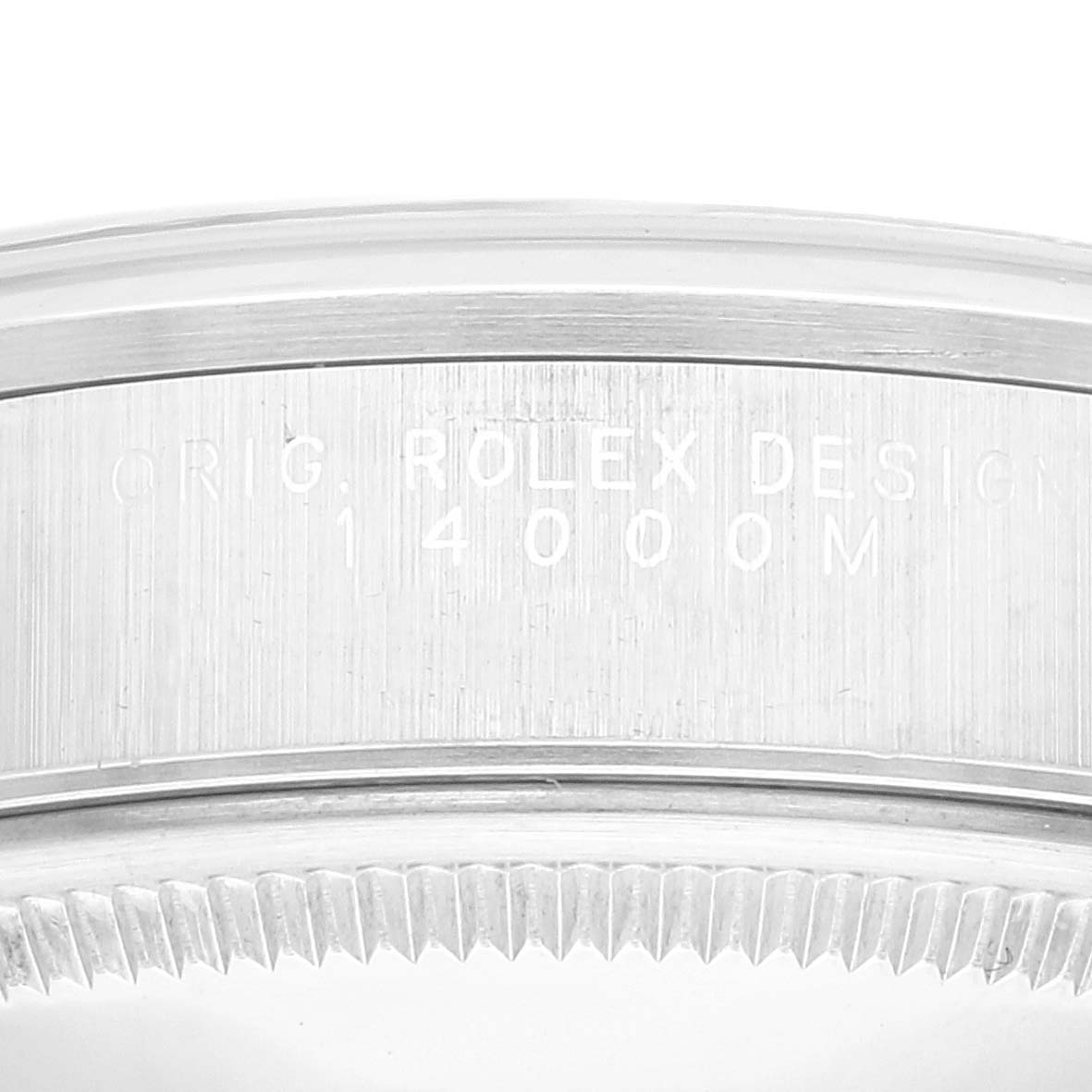 The image shows a close-up of the bezel and case side of a Rolex Air-King 14000 Men's Stainless Steel Blue Dial 14000 Men's Stainless Steel Blue Dial watch with engraved text.