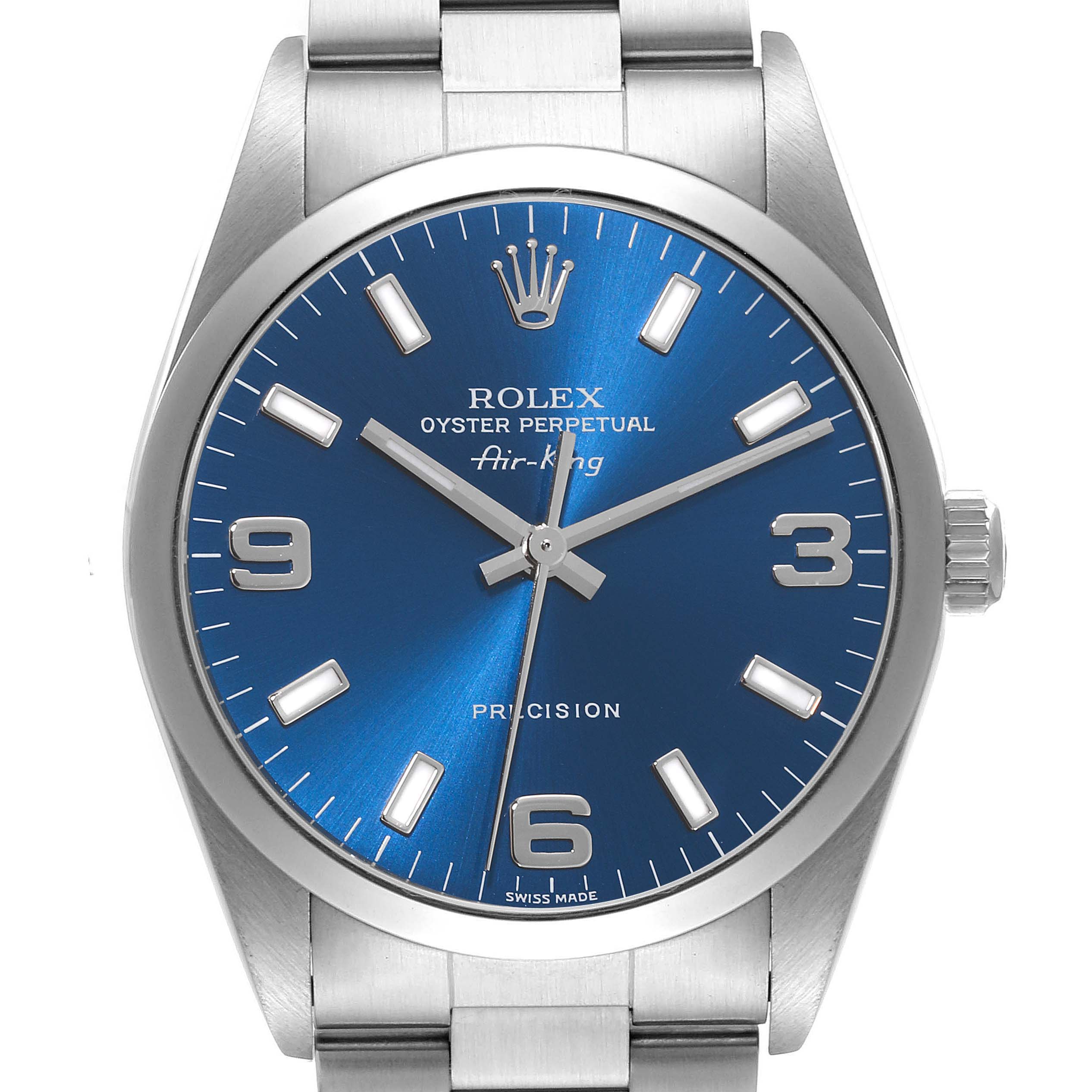 The image shows a front angle of a Rolex Air-King 14000 Men's Stainless Steel Blue Dial 14000 Men's Stainless Steel Blue Dial watch, highlighting the dial, bezel, crown, and part of the bracelet.