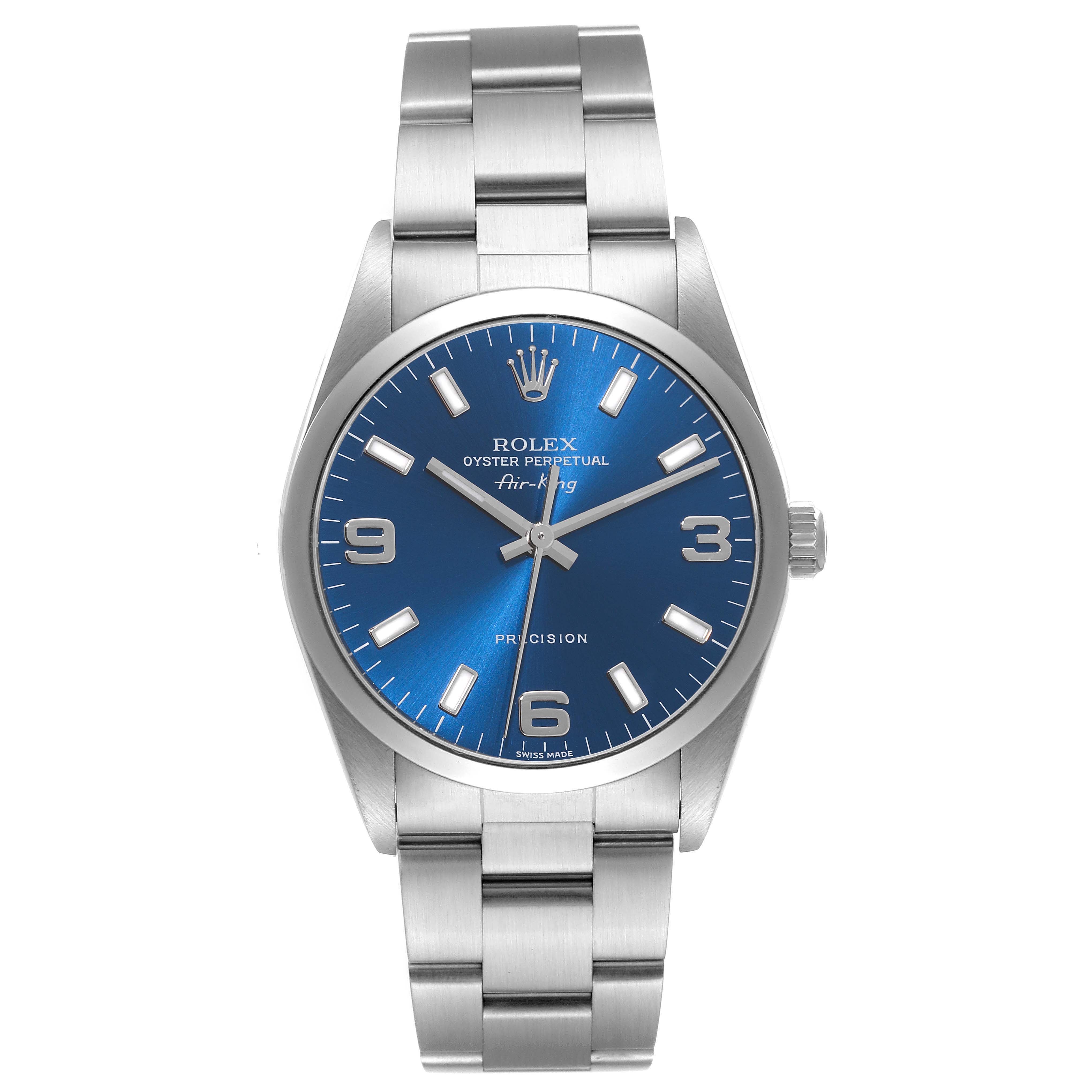 The image shows a front view of the Rolex Air-King 14000 Men's Stainless Steel Blue Dial 14000 Men's Stainless Steel Blue Dial watch, displaying its blue dial, hour markers, and silver bracelet.