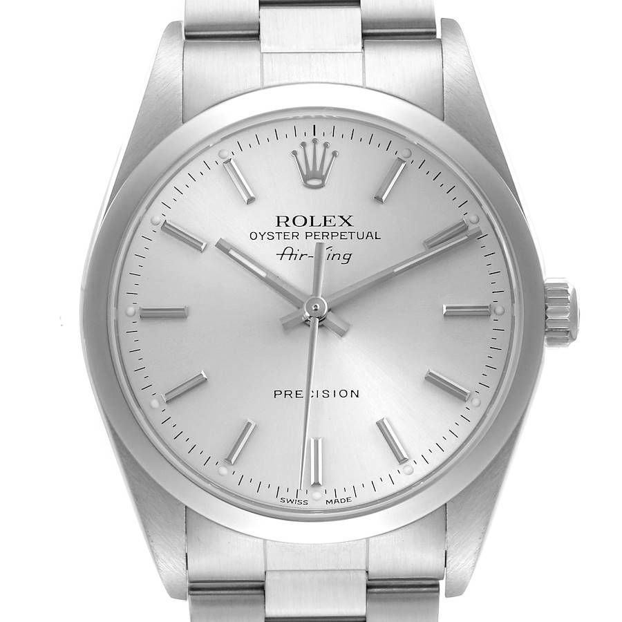 The Rolex Air-King watch is shown from the front, highlighting the dial, hands, and bracelet.