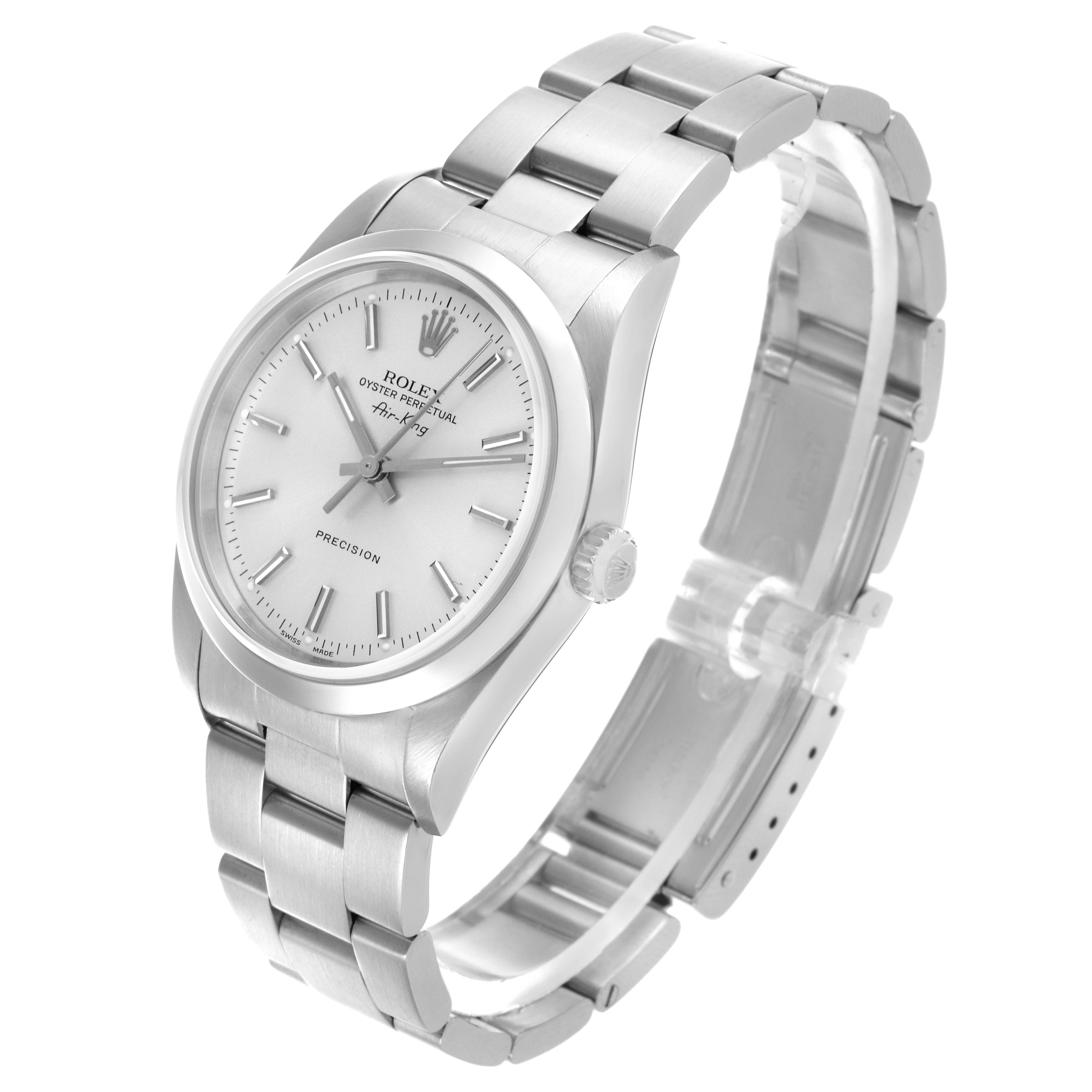 The Rolex Air-King 14000 Men's Stainless Steel Silver Dial 14000 Men's Stainless Steel Silver Dial watch is shown at a three-quarter angle, displaying the dial, bezel, crown, and bracelet.